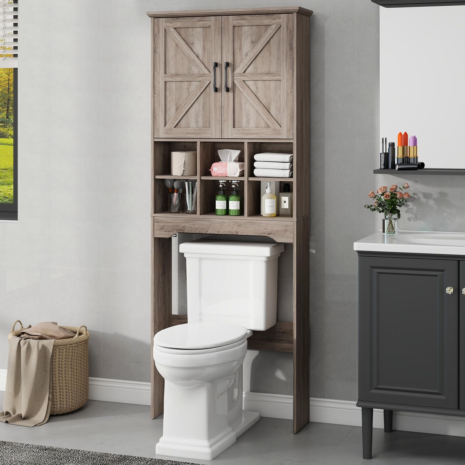 Over The Toilet Storage Cabinet with 2 Doors & Adjustable Shelves - Space Saving Bathroom Organizer for Small Spaces, Grey - Perfect for Towels, Toiletries & Bath Essentials Storage