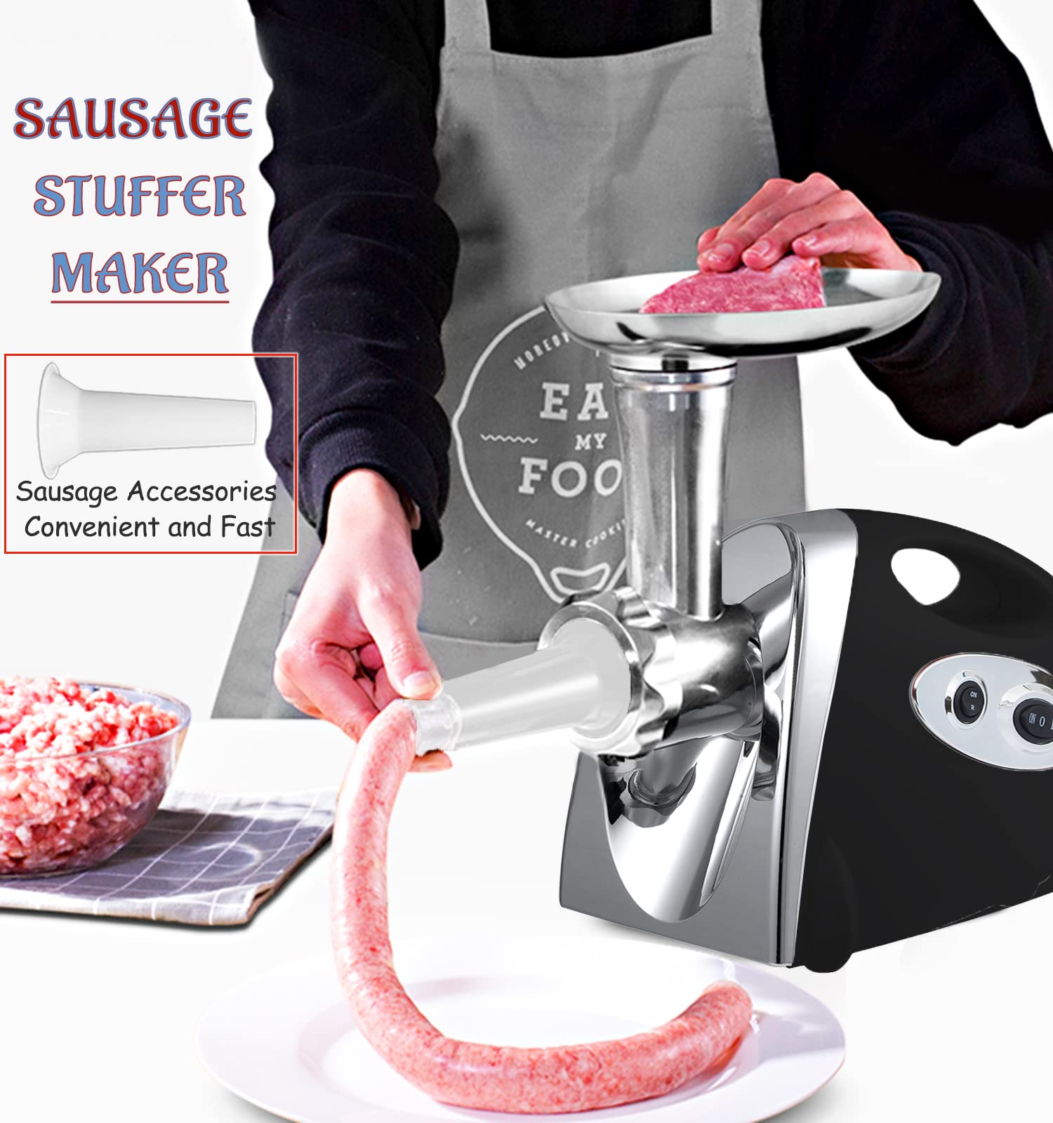 2800W Heavy Duty Electric Meat Grinder - Stainless Steel Sausage Maker & Mincer Machine with 3 Grinding Plates, Blade, Sausage Stuffer Tube & Kubbe Kit - Perfect for Home Kitchen, BBQ Parties & Butcher Shops (White Handle)