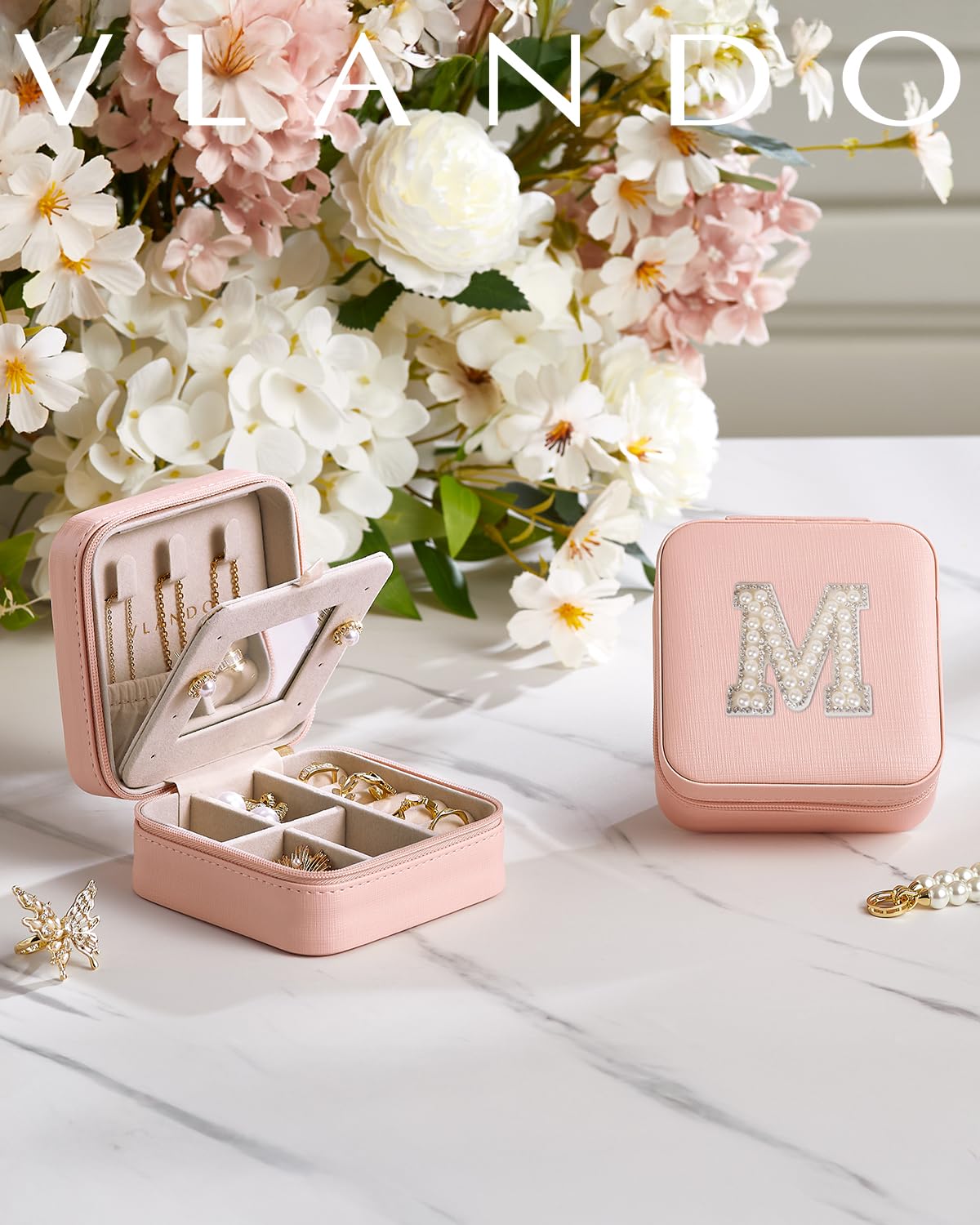 Vlando Personalized Initial Jewelry Travel Case - Small Pink Jewelry Box for Women, Girls, Mom & Grandma | Perfect Mother's Day Gift, Birthday Present | Compact Jewelry Organizer for Travel, Vacation & Daily Use