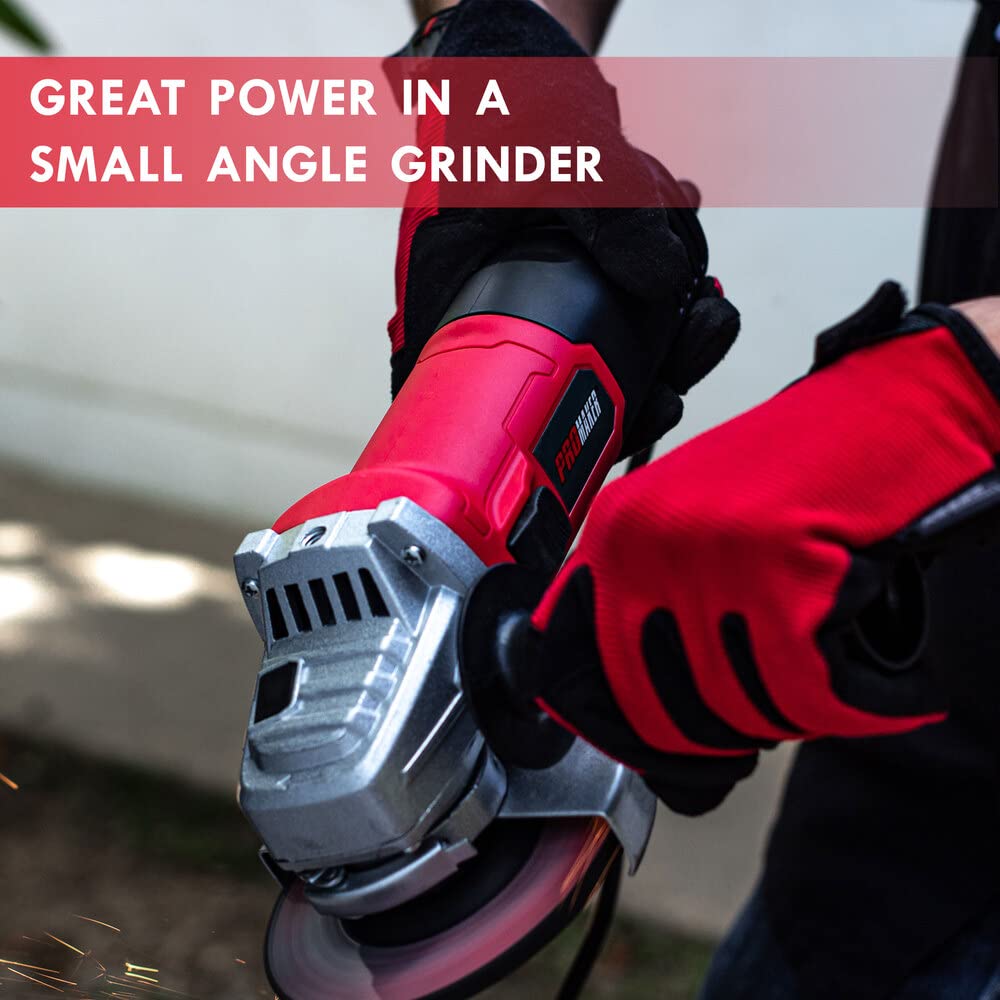 PROMAKER 6.5-Amp 4-1/2 Inch (115mm) Angle Grinder with 750W Power, Includes Grinding Wheel & 2 Extra Carbon Brushes - PRO-ES750 - Perfect for Metal Cutting, Polishing, and DIY Home Improvement Projects