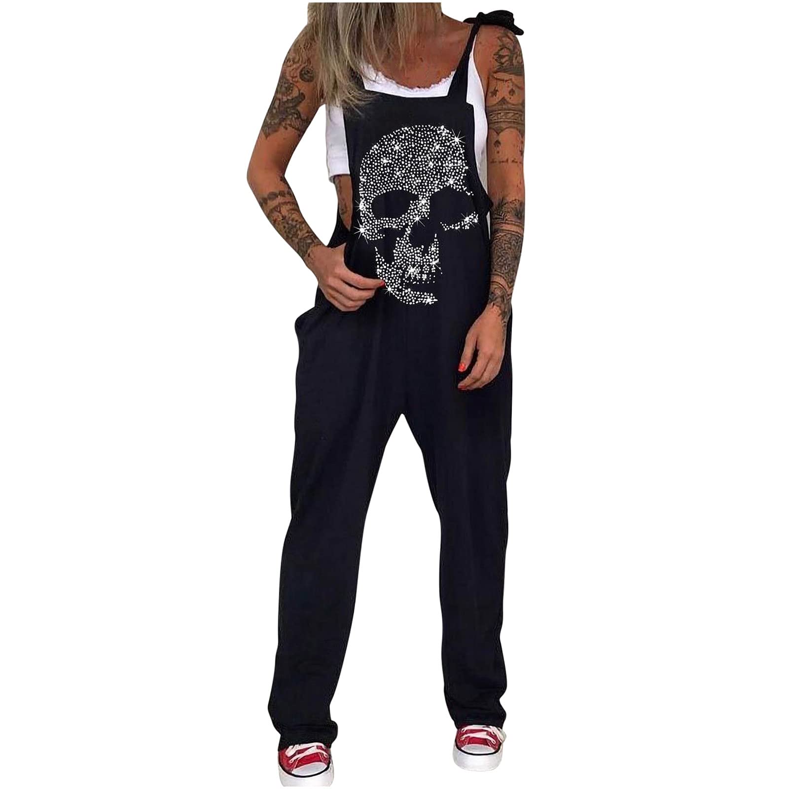 Women's Black Boho Jumpsuit - Casual Summer Romper with Leaf Print, Loose Fit Bib Overalls for Outdoor Music Festivals & Beach Vacations