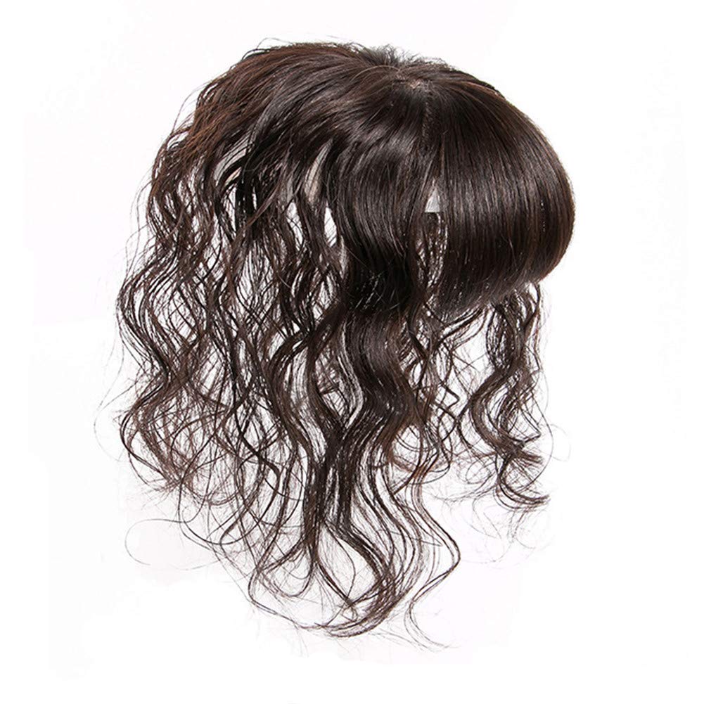 LXUE 4x4.7 Inch Silk Base Human Hair Topper with Bangs - Natural Curly Hairpiece for Women with Thin Hair - 8 Inch Dark Brown Hair Topper for Daily Wear & Special Occasions