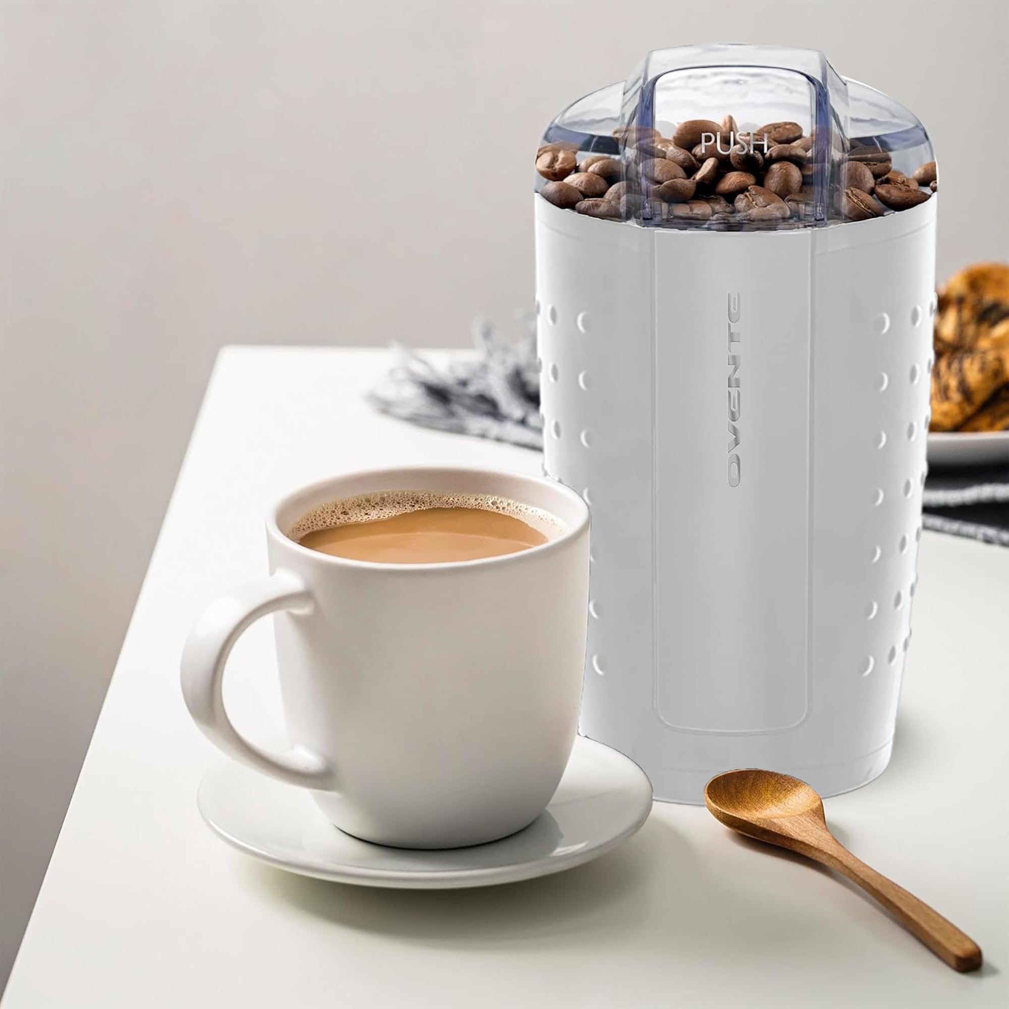 OVENTE Electric Coffee Grinder for Beans, Spices & Herbs - 2.5Oz Compact Stainless Steel Blade Mill with Pulse Button & Clear Lid - Perfect for Fresh Coffee, Spice Blends & Cooking - White CG225W