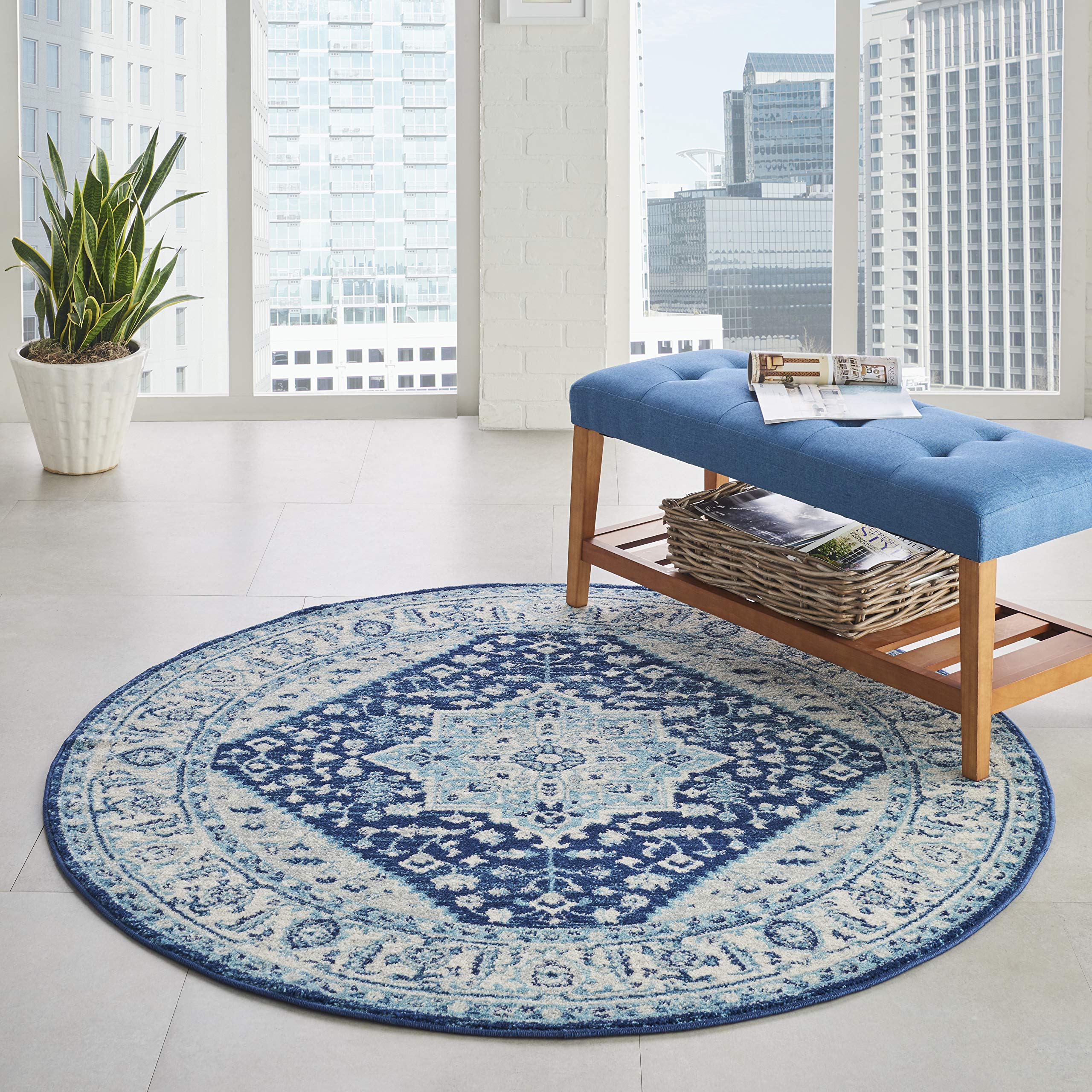 Nourison TRA06 Tranquil Persian Vintage Ivory/Navy Area Rug 5' Round - Perfect for Living Room, Bedroom & Office Decor
