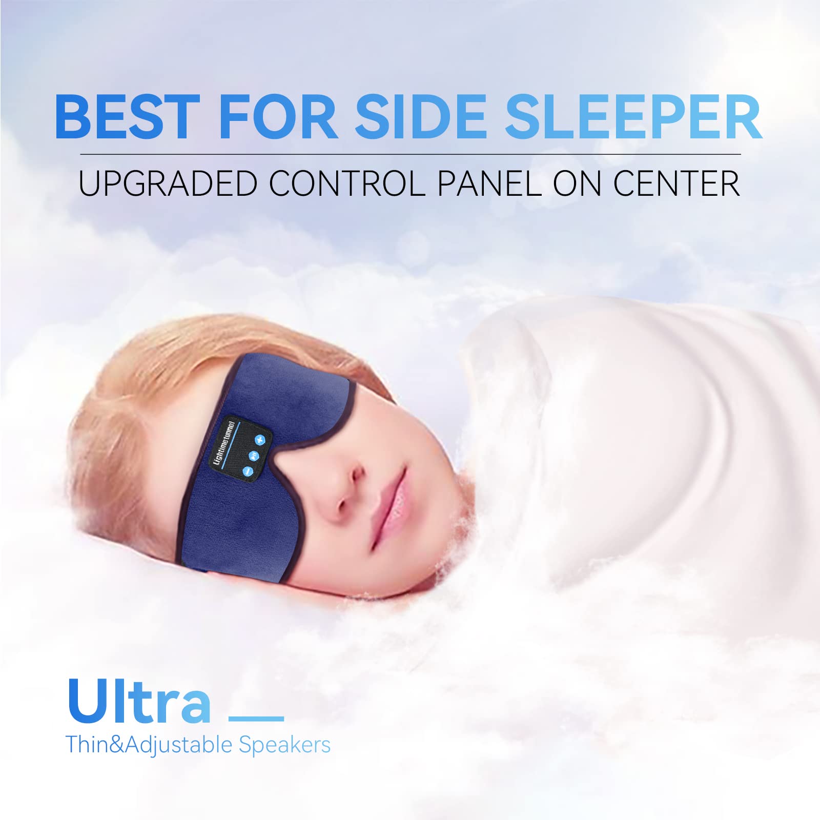 3D Bluetooth Sleep Headphones Mask - Ultra Thin Wireless Headband with Built-in Speakers & Mic for Insomnia Relief, Travel & Meditation | Washable & Hands-Free (Blue)