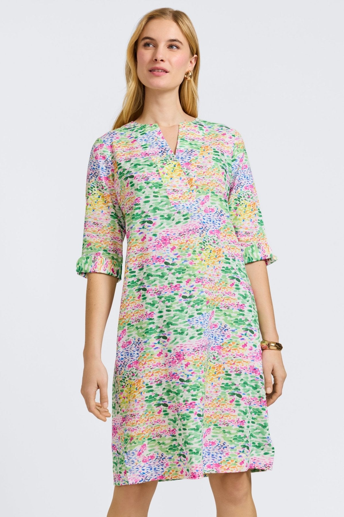 Vena Linen Impressionist Floral 3/4 Sleeve Dress - Women's Boho Summer Midi Dress for Beach, Garden Parties & Casual Outings
