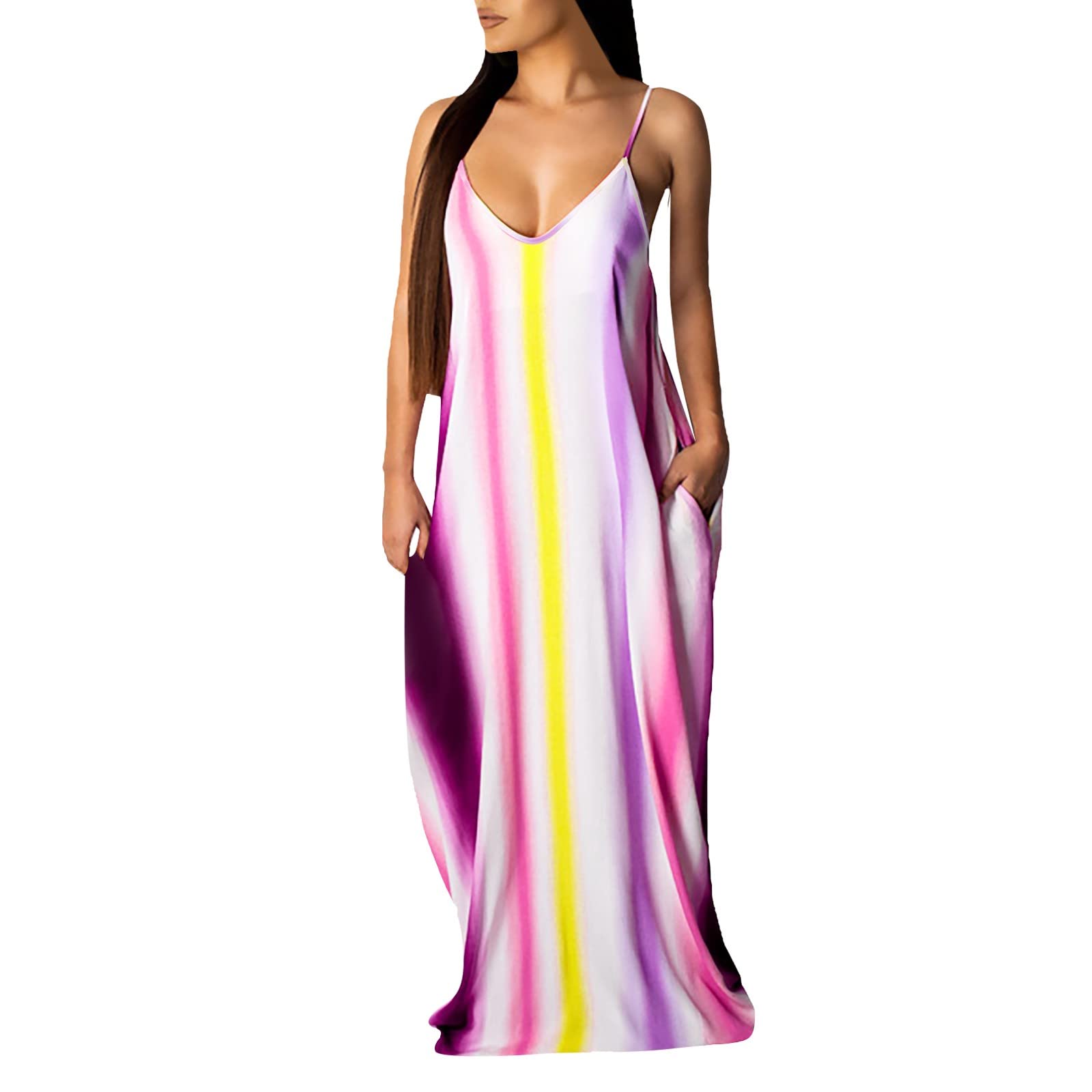 FRETRG Women's Summer Maxi Dress - Flowy Casual Printed Dress with Pockets, Loose Beach Cover Up for Vacation, Pool Party & Outdoor Activities