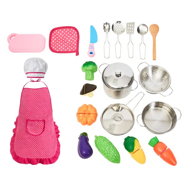 Hey! Play! 23-Piece Kids Pretend Play Kitchen Set - Toy Cookware, Play Vegetables, Utensils & Storage Container - Pink (80-PP170014) | Perfect for Role Play, Preschool Learning & Birthday Gifts