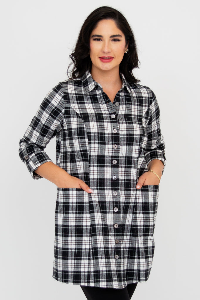 Larissa Tunic Top - Stylish Bobcat Plaid Cotton Blouse for Women | Perfect for Casual Outings, Office Wear & Fall Fashion