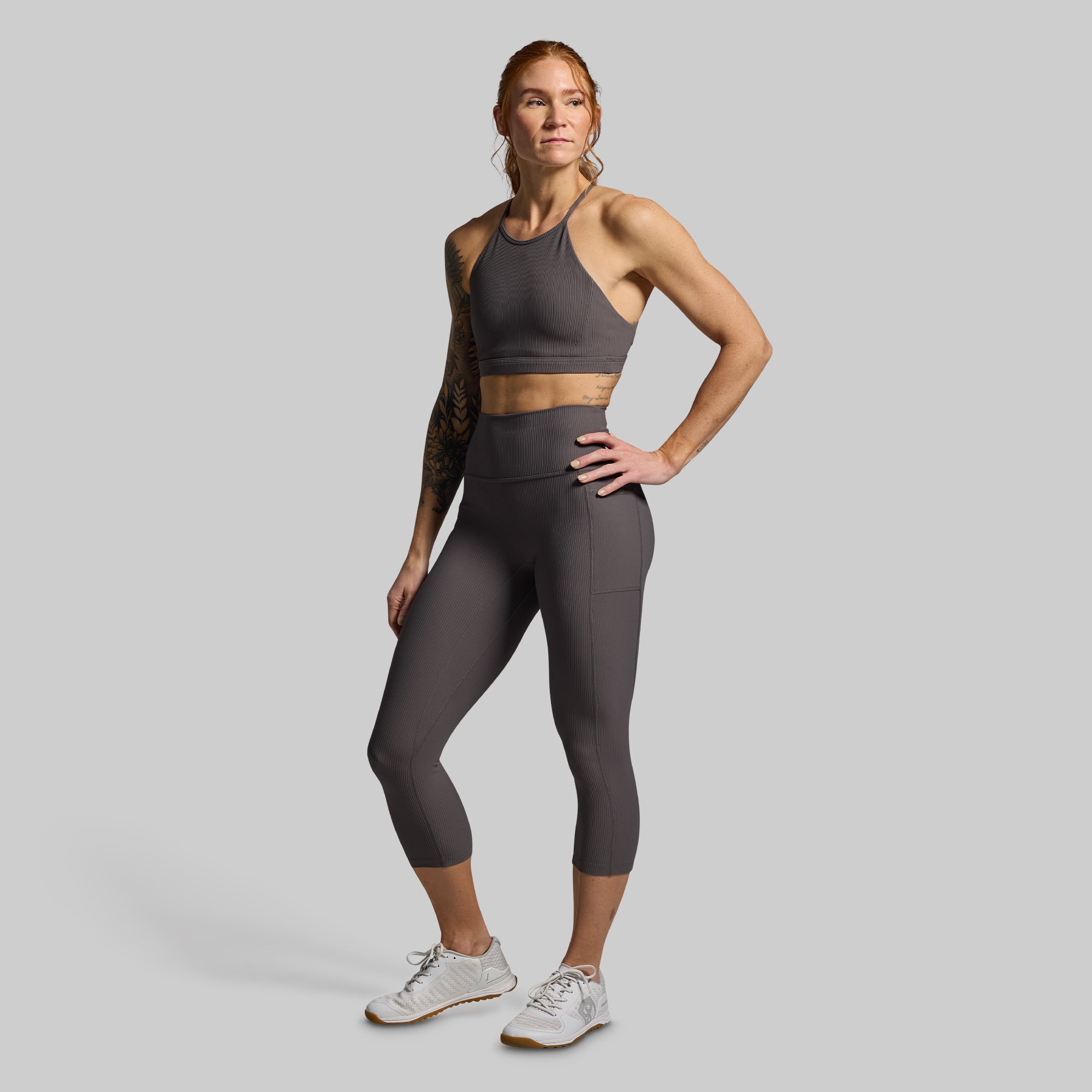 All or Nothing Capri Set (Dark Grey) - Women's Workout Leggings & Sports Bra - Gym, Yoga, Running & Fitness Outfit