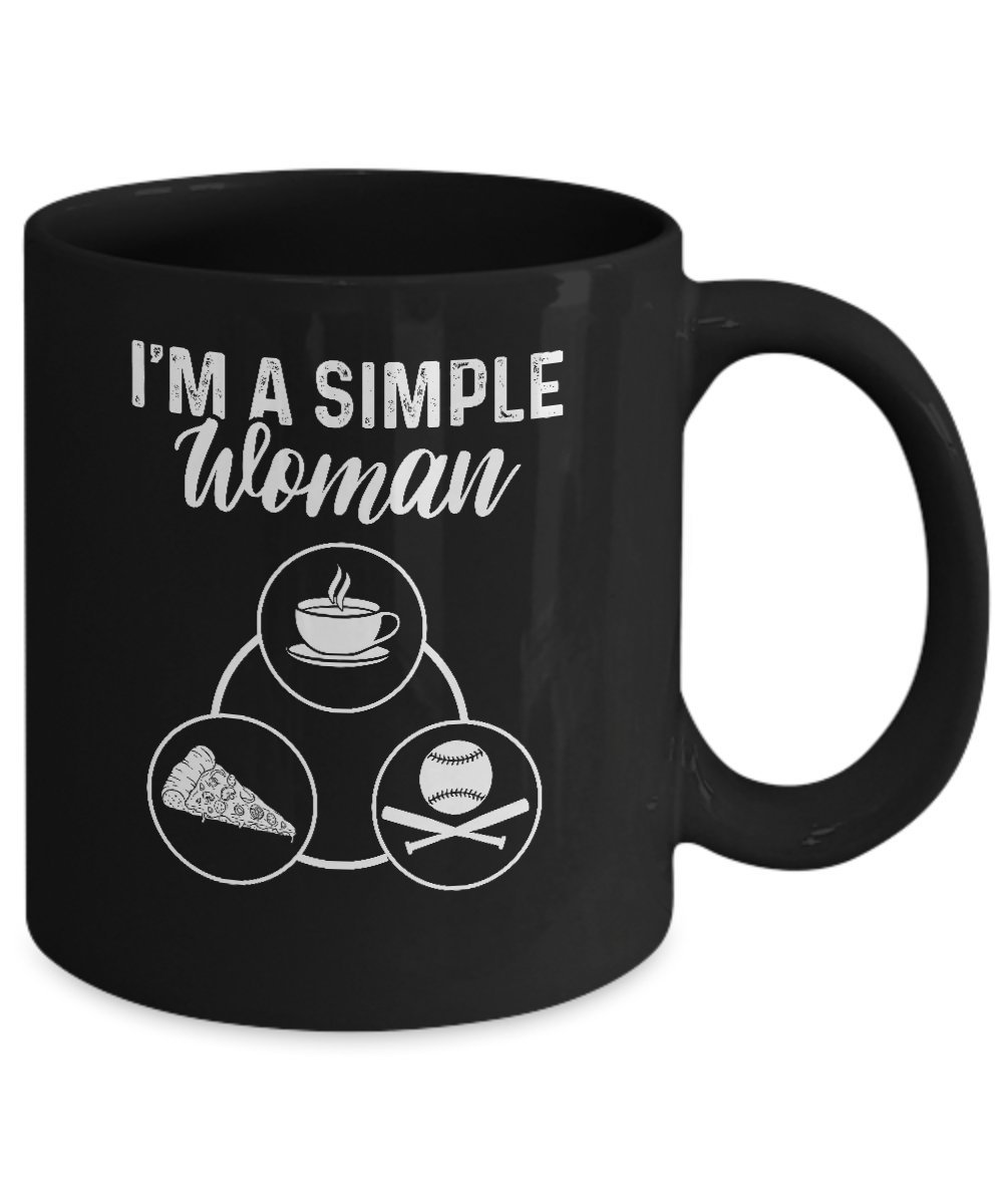 Funny Coffee Mug for Women - 11oz Black Ceramic Cup with 'I'm A Simple Woman Coffee Pizza Baseball' Quote - Perfect for Office, Home Use & Gift Giving