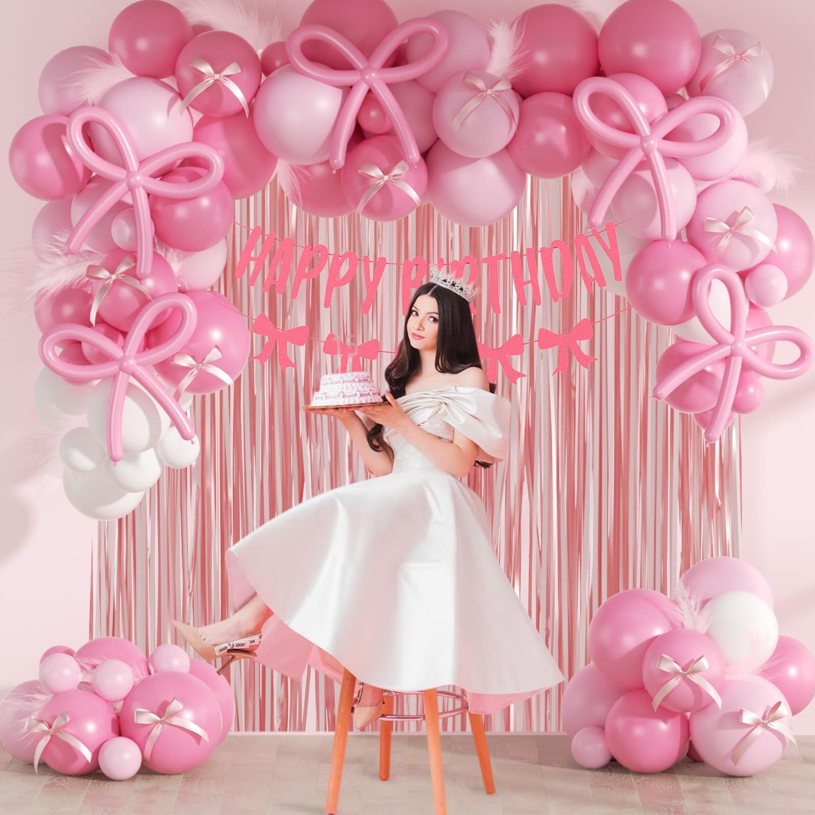 Elegant Pink Bow Birthday Decorations for Women - Light Pink Balloons, Fringe Curtains & Happy Birthday Banner | Perfect for Bow-Themed Coquette Parties, Bridal Showers & Adult Birthday Celebrations