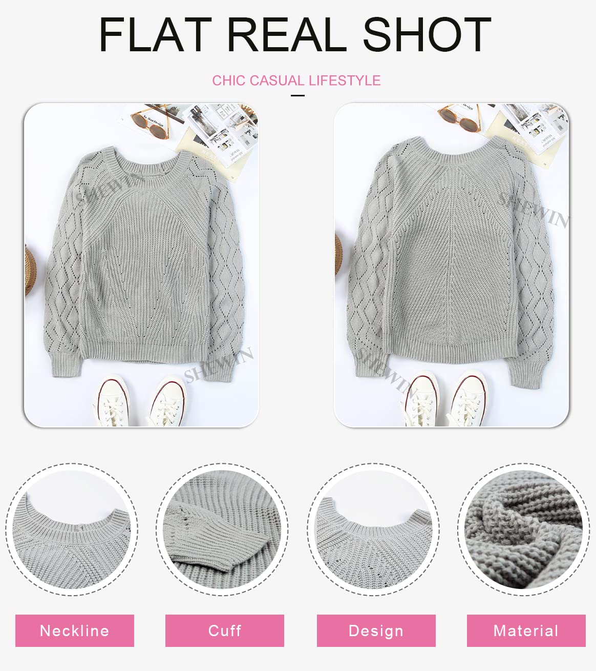 SHEWIN Women's Lightweight Crochet Knit Pullover Sweater - Long Sleeve Crewneck Casual Top for Fall & Winter | Cozy Office Wear, Date Night Outfits, Weekend Layering