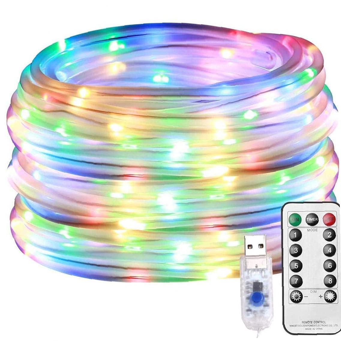 Solar Powered LED Rope Lights - 100 Multicolor Fairy String Lamp with Remote Control & 8 Lighting Modes | 12m/39ft Waterproof Outdoor Decorative Lights for Garden, Patio, Wedding, and Party Decorations