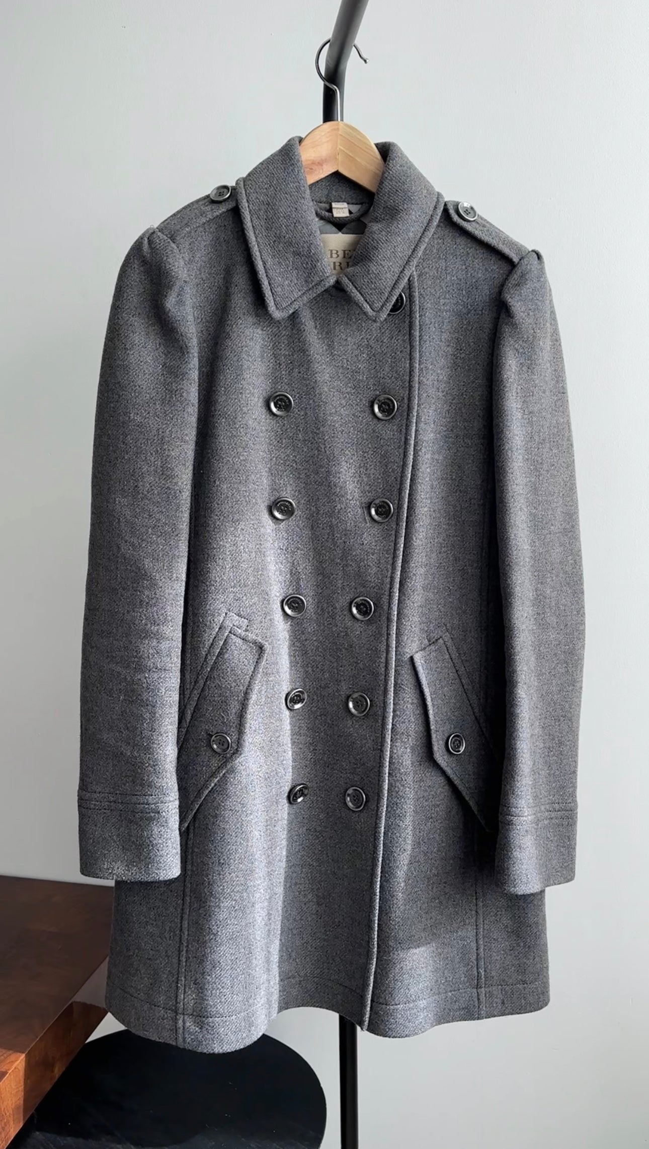 Burberry Brit Grey Wool Double Row Button Coat - Size IT42 / US 6 - Classic Trench Coat for Women, Perfect for Office Wear and Formal Occasions