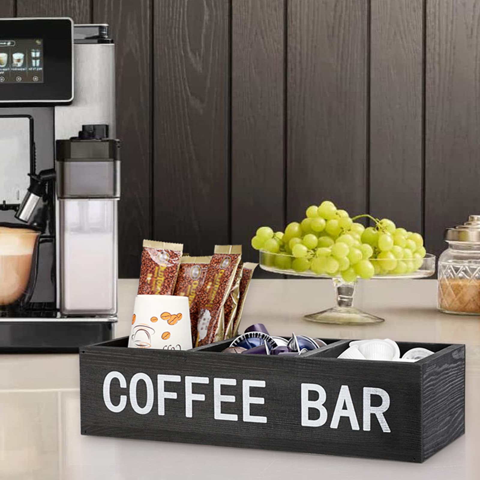 ELLDOO Wooden Coffee Bar Storage Box with Removable Grids - Coffee Station Organizer, Pod Holder & Rustic Kitchen Decor for Farmhouse, Countertop - Perfect for Home, Office & Coffee Shop Use (Black)