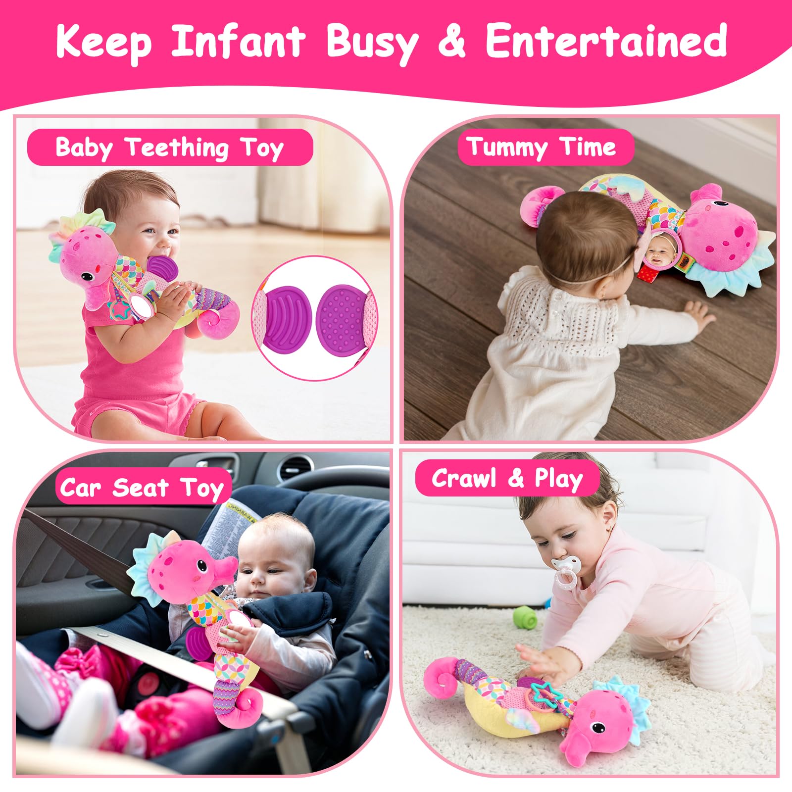 Soft Plush Baby Toys with Mirror, Rattle & Crinkle - Sensory Stuffed Animals for Newborns 0-12 Months | Teething & Developmental Toys for Infant Girls & Boys | Perfect for Tummy Time, Crib Play & Early Learning