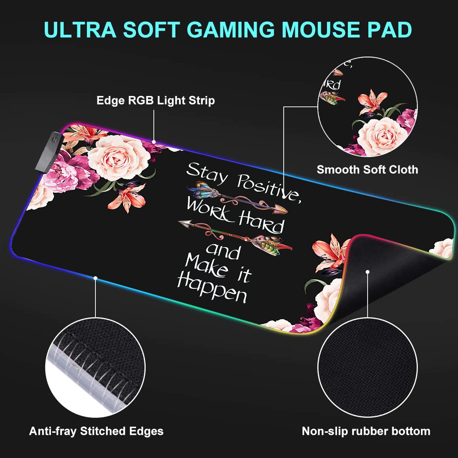 RGB Gaming Mouse Pad with LED Lights - Large Non-Slip Desk Mat for Keyboard & Mouse - Flower Peony Design 