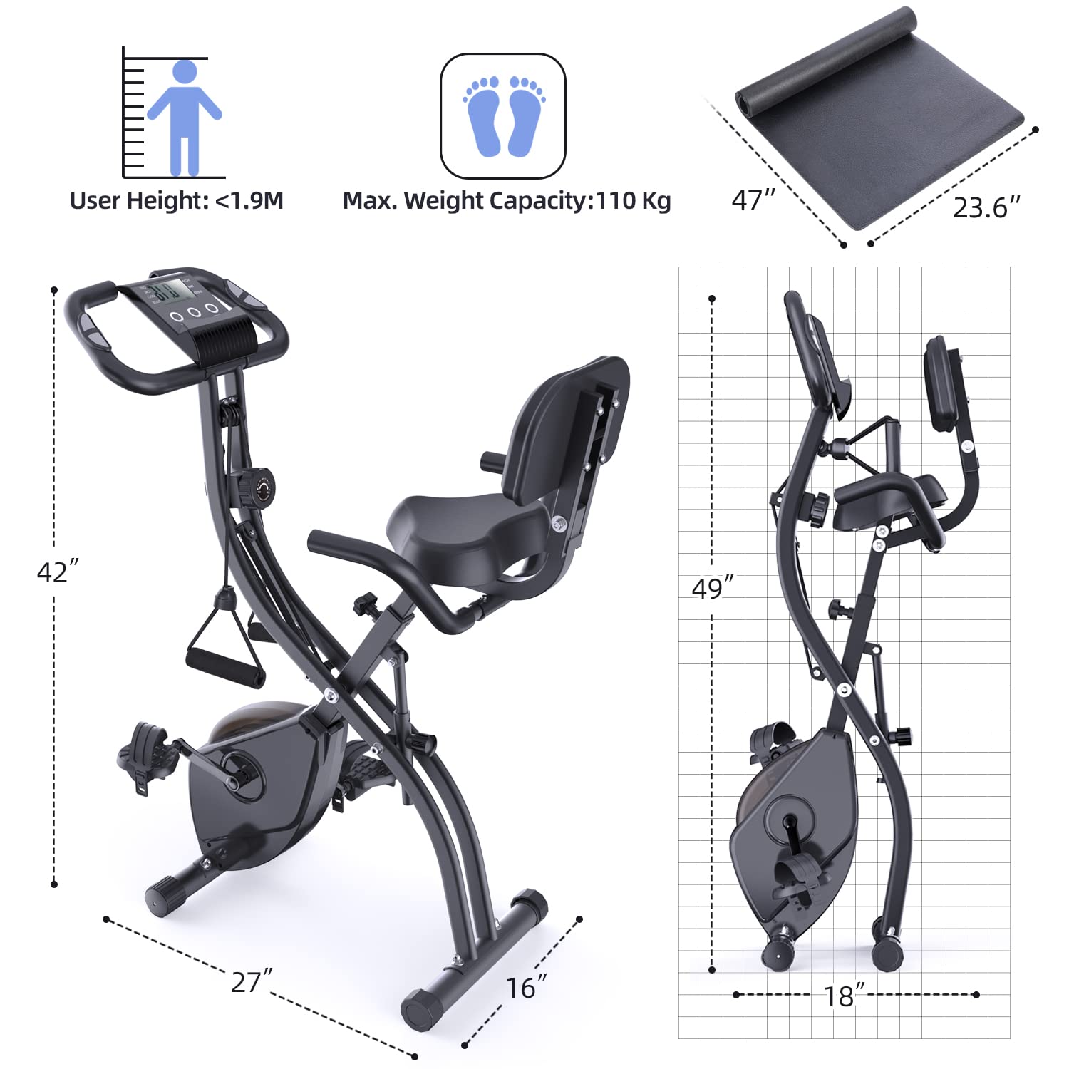 Foldable Exercise Bike for Home Gym - Sportneer 4-in-1 Indoor Cycling Bike with 16-Level Magnetic Resistance, Arm Resistance Bands & PVC Floor Mat | Perfect for Cardio, Strength Training & Small Space Workouts
