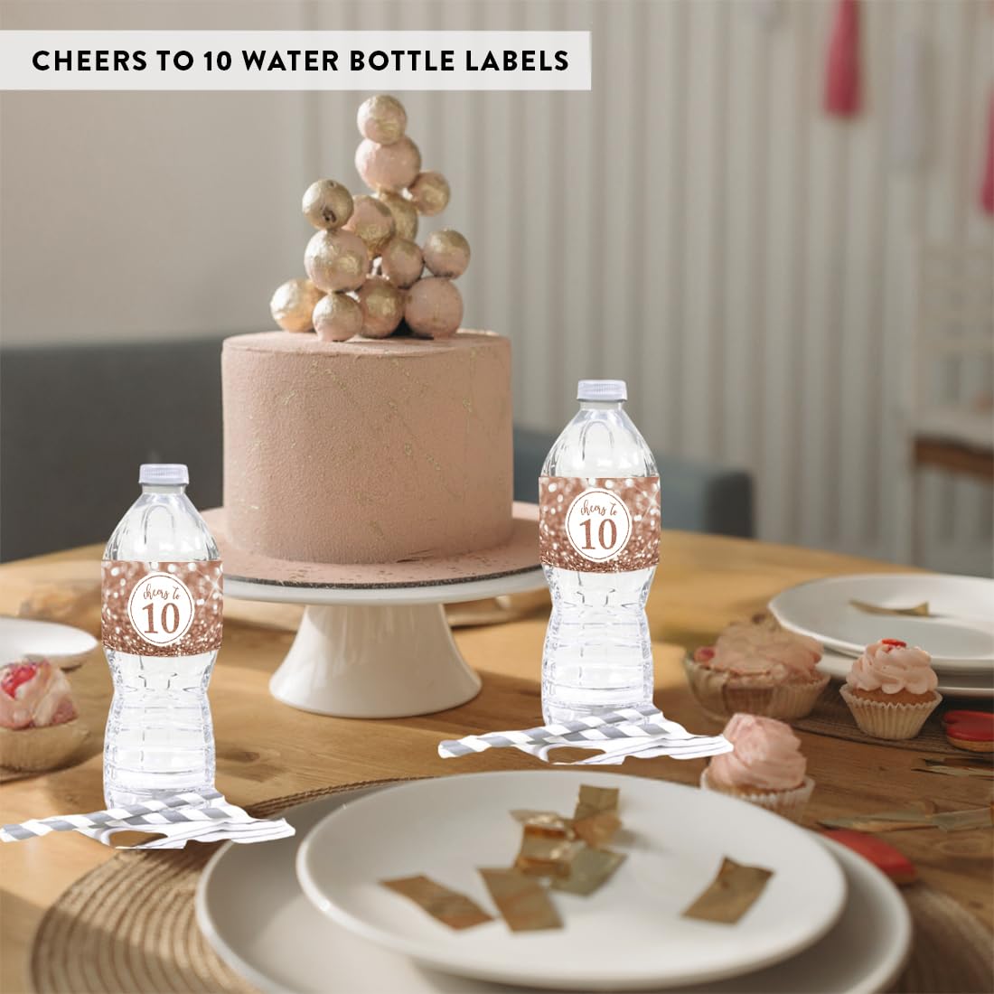 Glitzy Faux Glitter Rose Gold Water Bottle Labels Stickers - 20 Pack for 10th Birthday Party Decorations, Anniversary Celebrations & Women's Birthday Favors - Perfect for Water Bottles, Party Cups & Gift Wrapping