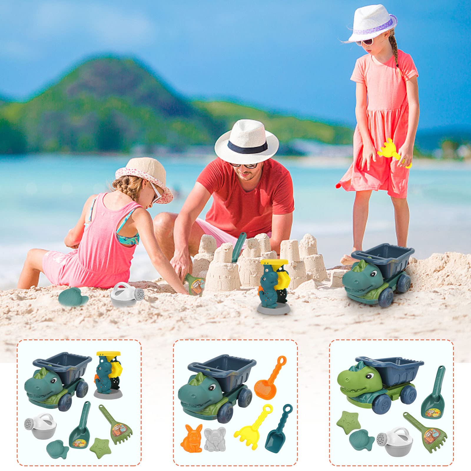 Dinosaur Sand Toys Set - Beach Shovel & Engineering Vehicle Toy for Kids, Outdoor Water Play Sandbox Tools with Hourglass | Perfect for Beach, Backyard & Sandbox Fun