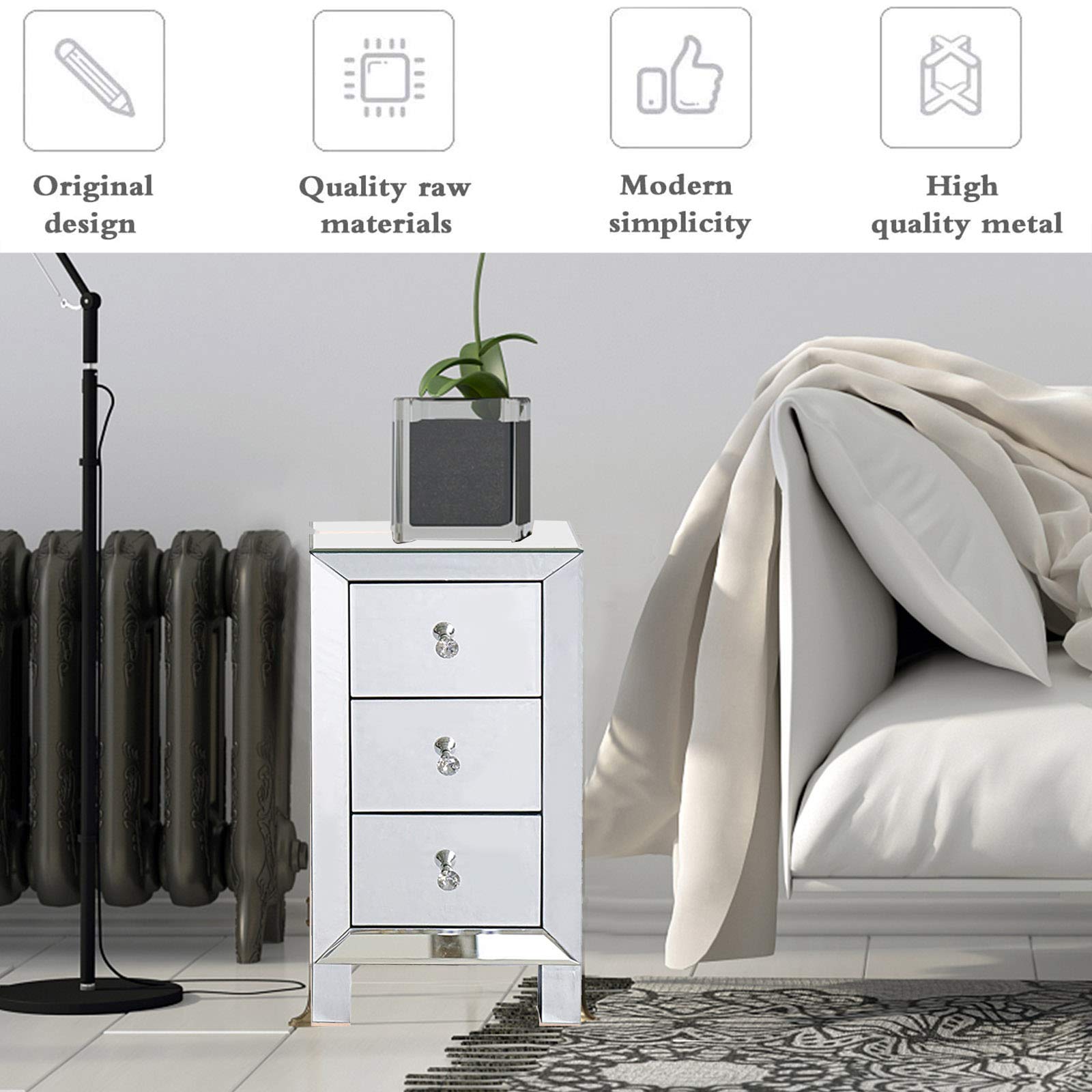Modern Mirrored 3-Drawer Nightstand with Crystal Knobs - Bedroom & Living Room Storage