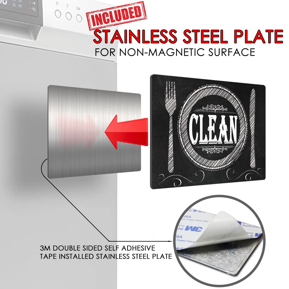 Dishwasher Magnet Clean Dirty Sign - Double Sided Stainless Steel Plate, Flexible Flip 3x4 Inch Black & White Chalkboard - Perfect for Kitchen, Office, or RV Organization
