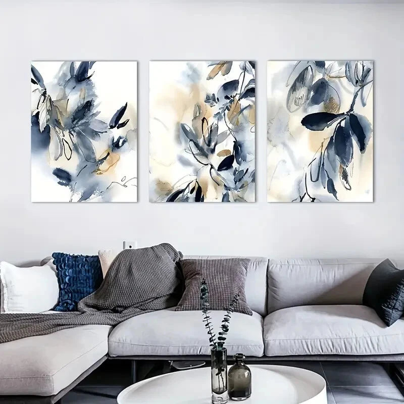 3-Piece Floral Abstract Ink Painting Metal Wall Art - Ready to Hang Home Decor for Living Room, Bedroom & Office