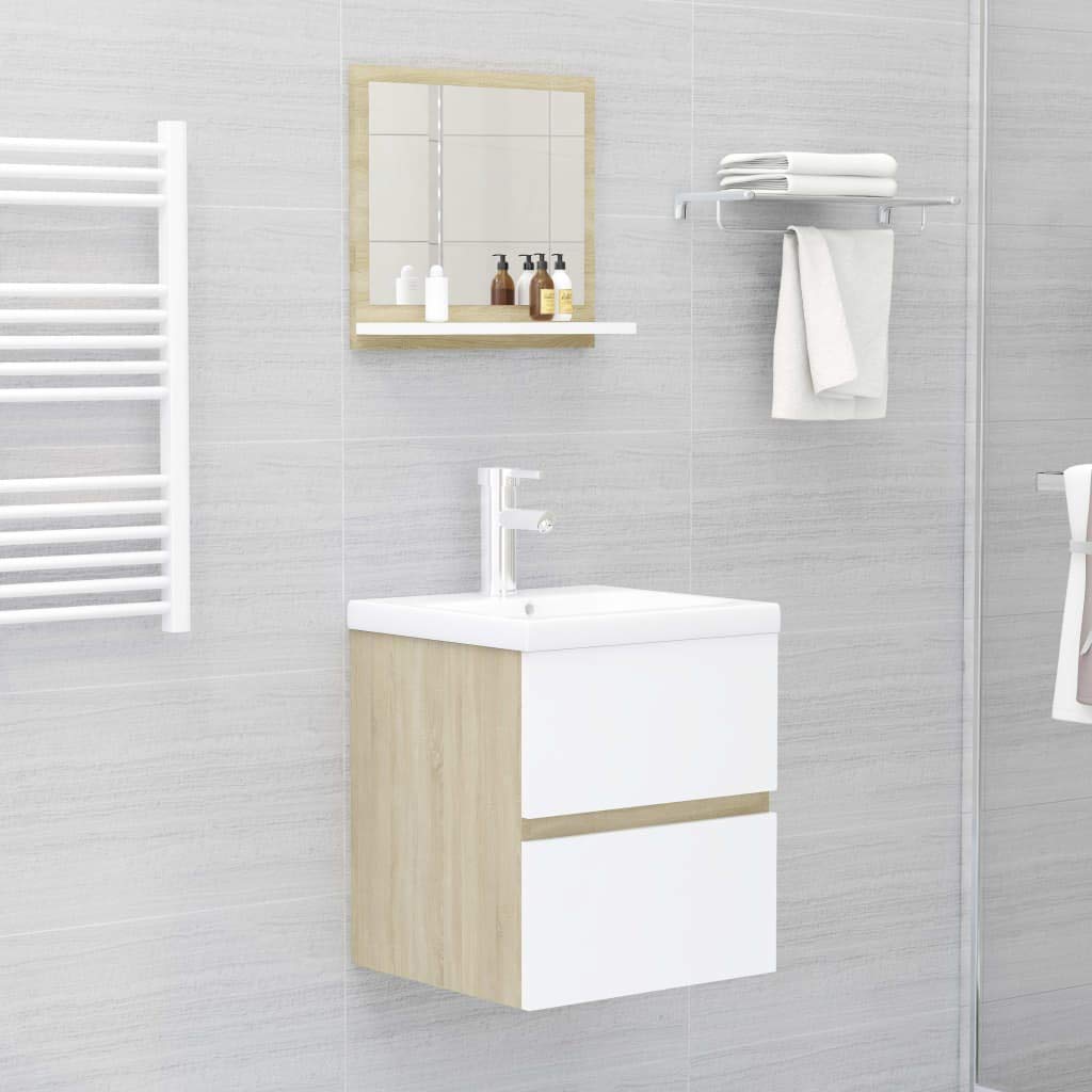 Modern Bathroom Mirror with Shelf - White & Sonoma Oak Finish, Durable Engineered Wood, 15.7