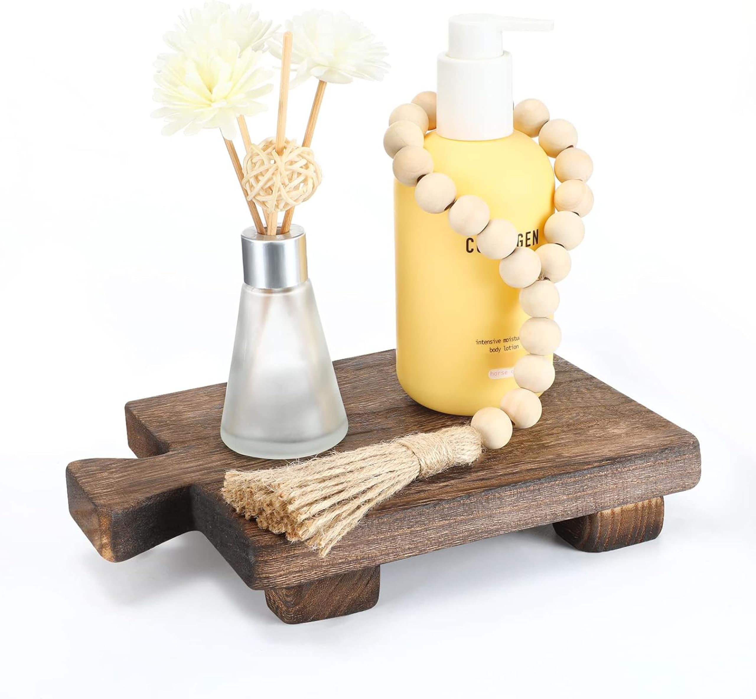 Hamdan Wood Pedestal Riser Tray - Soap Dispenser Stand for Kitchen Sink Counter, Wooden Holder for Bottles, Plants, Makeup, Tissues & Candles - Guest Towels Vanity Plate - Brown - Perfect for Bathroom, Kitchen & Home Decor