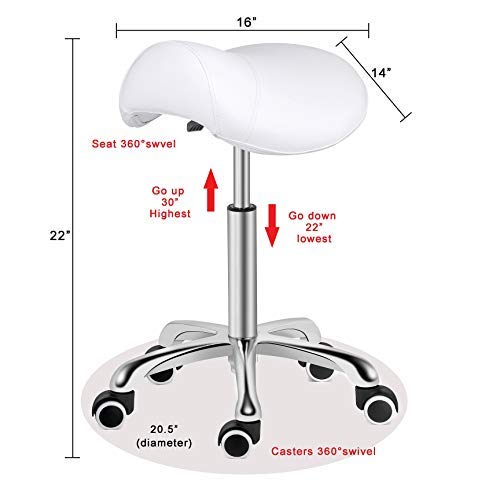 Kaleurrier Heavy Duty Rolling Saddle Stool - Adjustable Height Swivel Chair with Wheels for Lab, Clinic, Dentist, Salon, Massage, Office & Home Kitchen - Ergonomic Stool Without Back (White) - Perfect for Medical Professionals, Hair Stylists & Office Workers