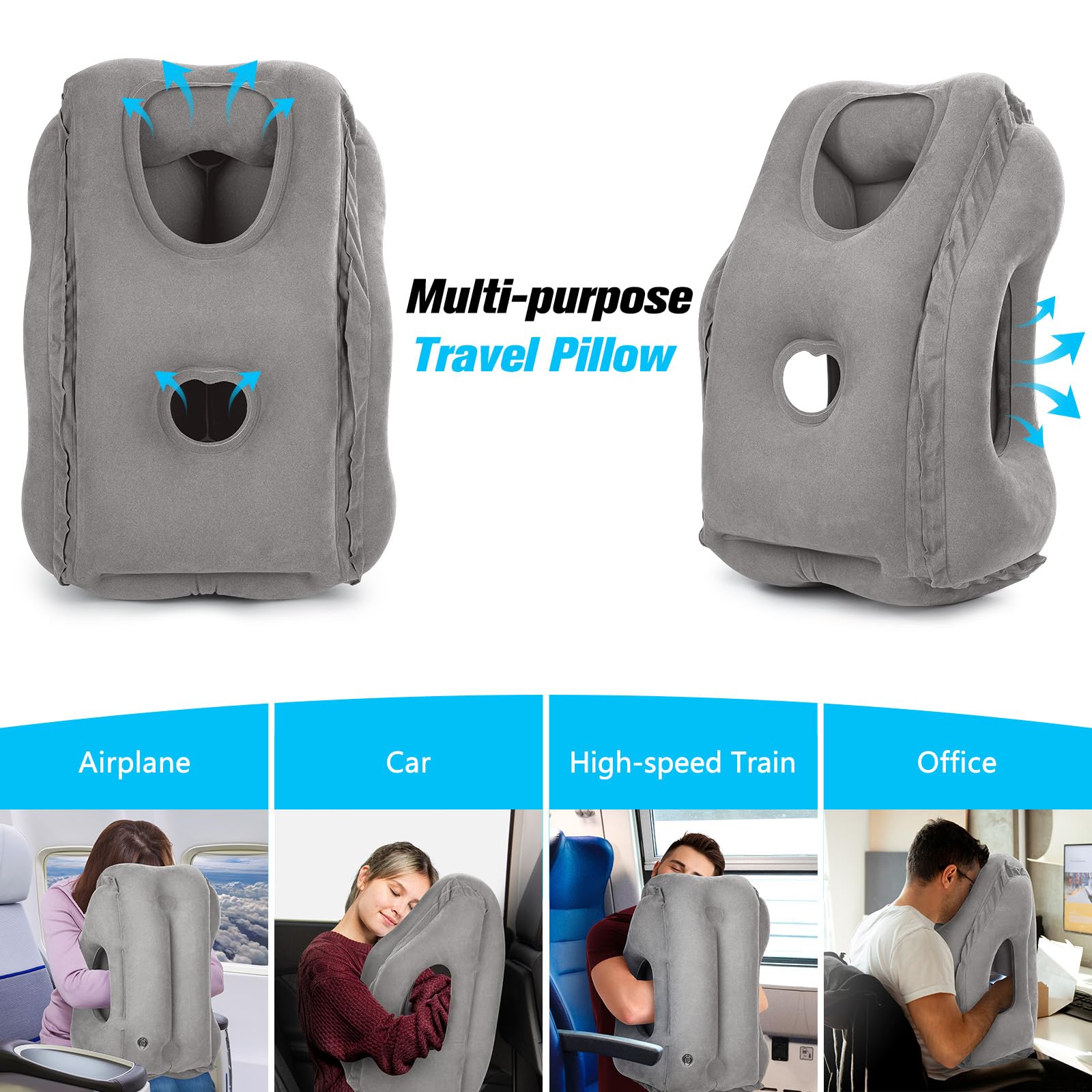 Inflatable Travel Neck Pillow for Airplanes - Comfortable & Portable Airplane Pillow for Long Flights - Supportive Blow Up Flight Pillow to Prevent Neck Pain - Perfect for Business Travel, Road Trips & Camping