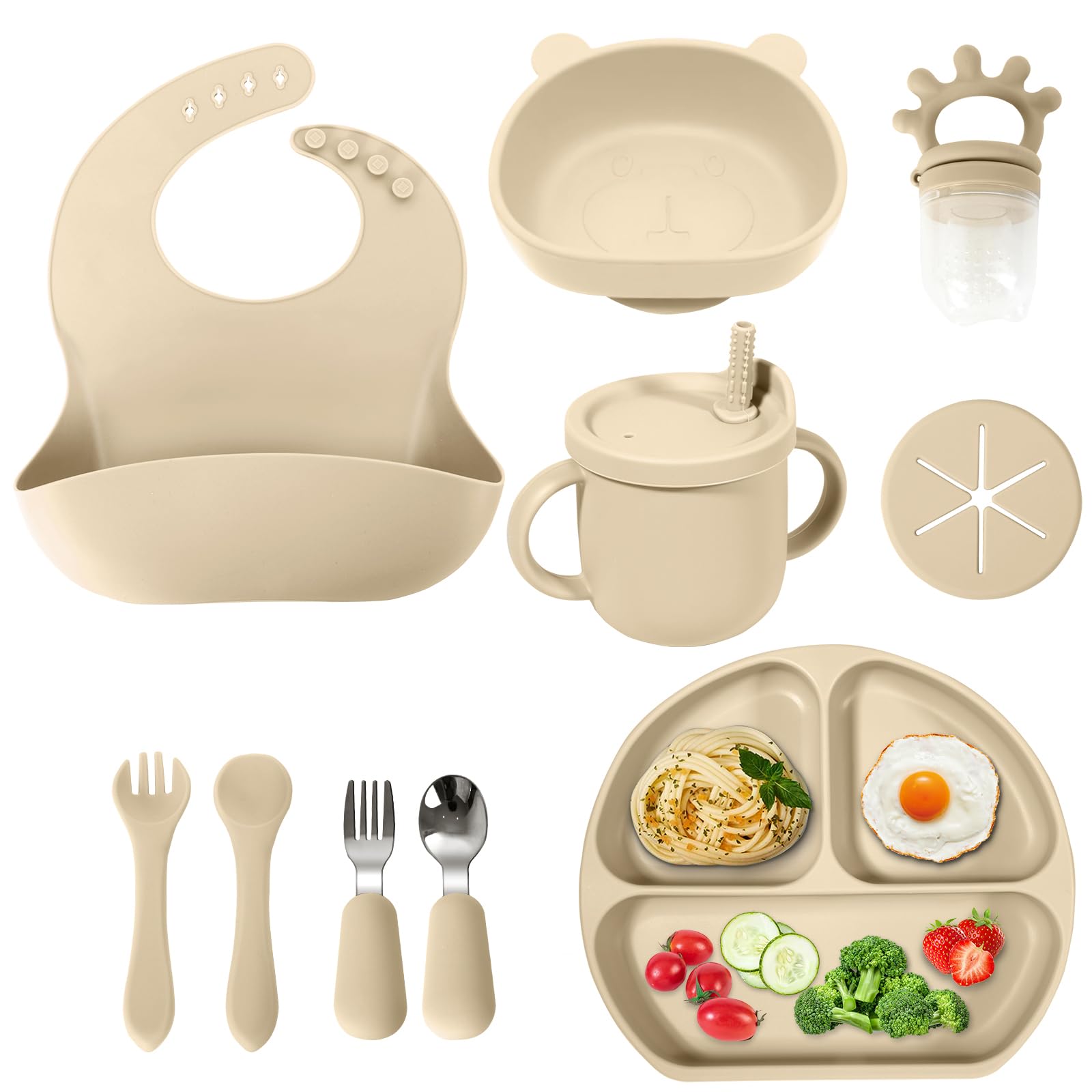 **Best Silicone Baby Feeding Set for Self Feeding | Toddler & Infant Eating Utensils with Suction Bowl, Divided Plate, Sippy Cup, Spoons, Forks & Teether | Adjustable Bib for Babies 6+ Months | Perfect for Baby-Led Weaning & Mess-Free Mealtime**