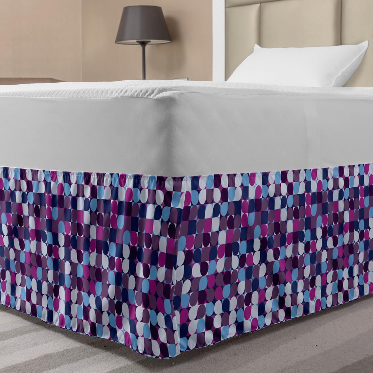 Ambesonne Geometric Bed Skirt - Modern Abstract Circle & Square Mosaic Design, Elastic Dust Ruffle Wrap Around Bedskirt for Full Size Beds | Home Decor, Bedroom Styling & Guest Room Upgrade