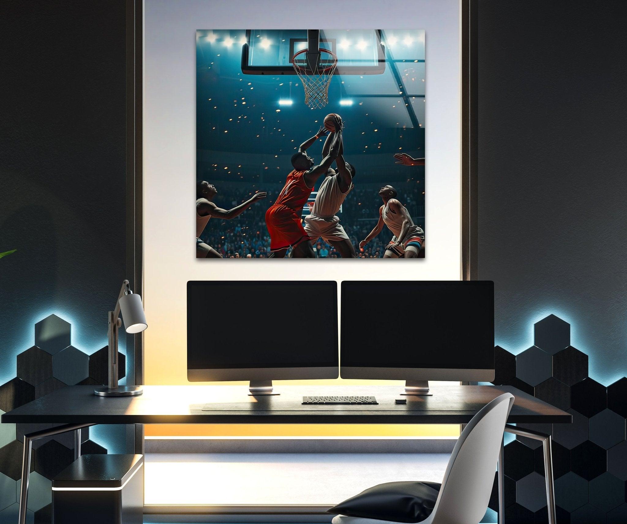 Basketball Players Glass Wall Art - Modern Sports Decor for Home, Office & Gym - Perfect Gift for Basketball Fans & Athletes