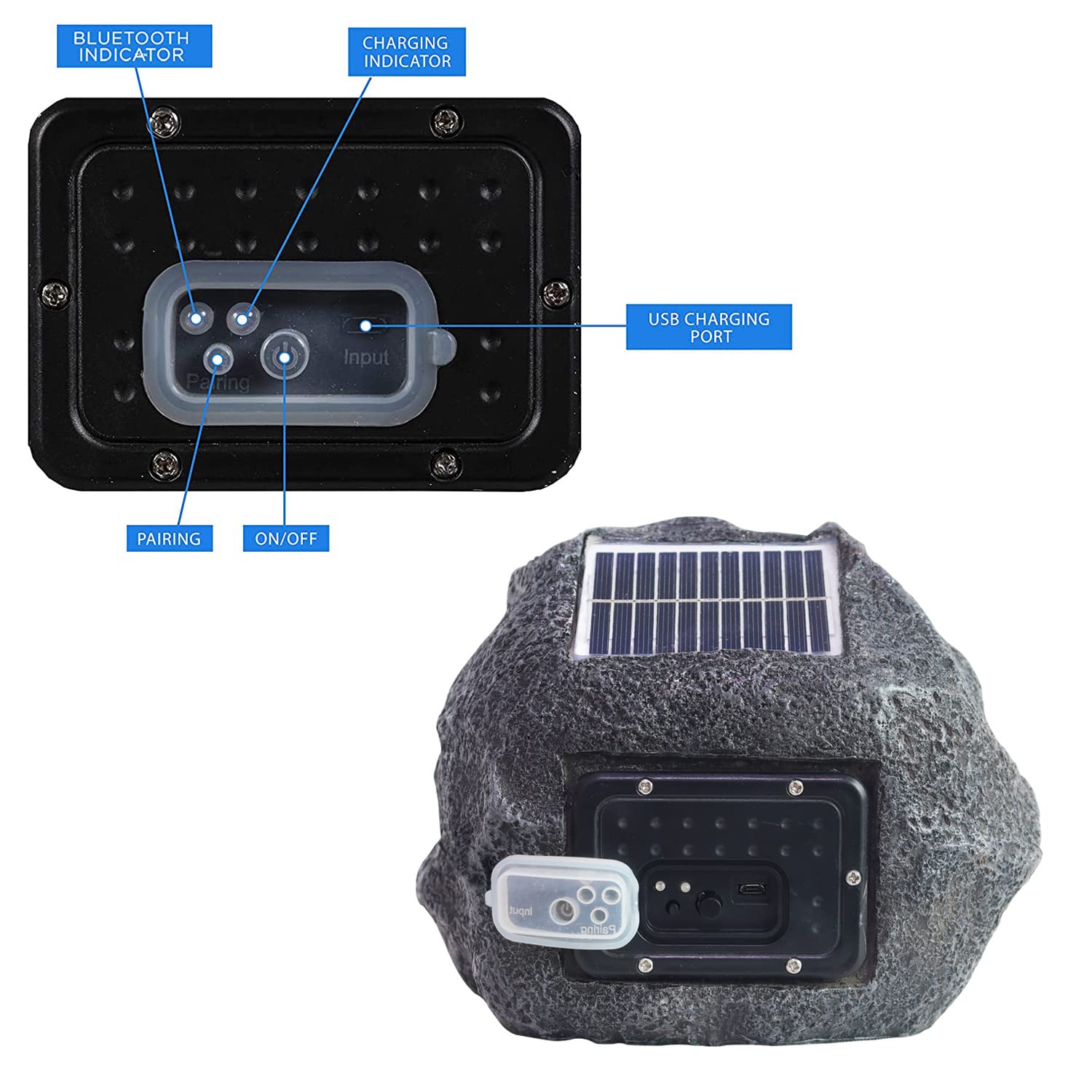 Deck Impressions Solar 5-Watt Outdoor Wireless Charcoal Rock Speaker with Bluetooth Technology - Pair 2 Speakers (3.5