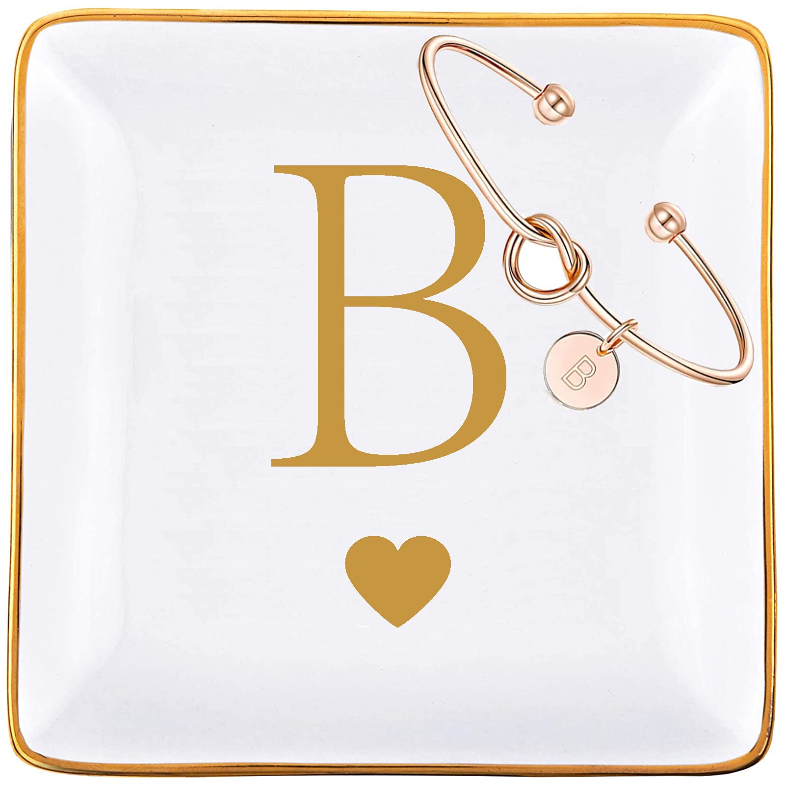 Personalized Ceramic Jewelry Tray with Gold Initial & Rose Gold Knot Bracelet Set - Elegant Ring Dish, Key Bowl Holder & Trinket Dish for Women - Perfect Gift for Mom, Grandma, Daughter, Sister, Friend (Letter B) - Ideal for Birthday, Bridesmaid, Anniversary & Home Decor