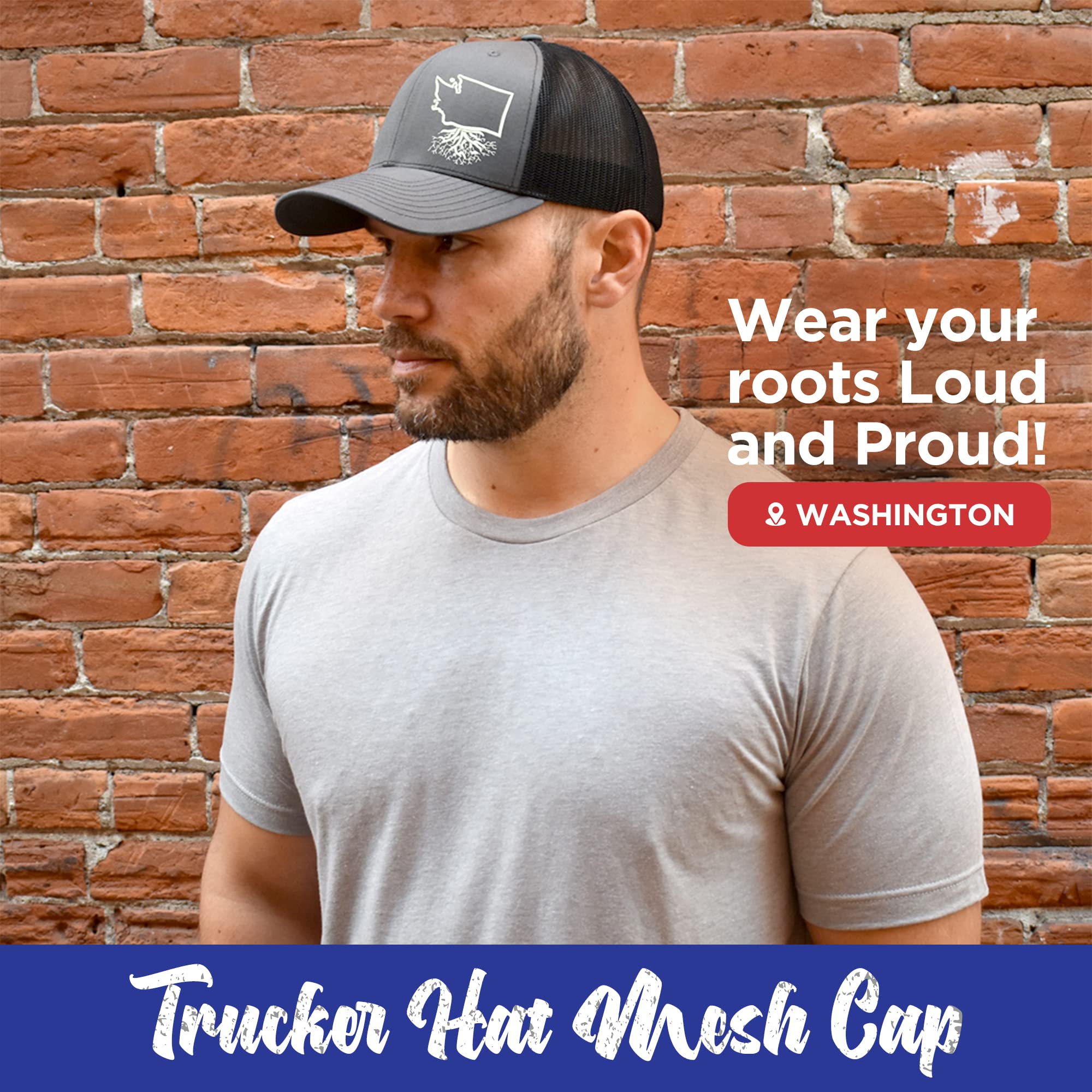 Washington Roots Snapback Hat - Stylish Unisex Baseball Cap with Mesh Back, Polyester Cotton Six-Panel Trucker Hat (Charcoal & Black) - Perfect for Outdoor Activities, Sports & Casual Wear