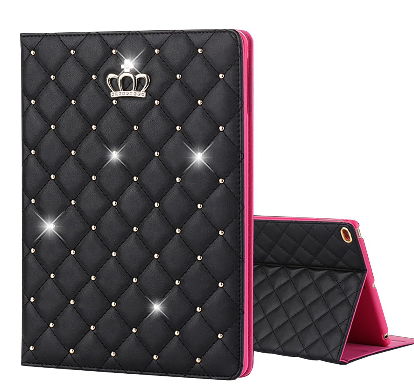 Topwin Bling Diamond iPad Case for iPad 9.7 (2018/2017), iPad Air 2/1, iPad 5th/6th Gen - Elegant PU Leather Smart Cover with Auto Sleep/Wake, Shockproof Protection (Black, No Buckle) | Perfect for Work, School & Travel