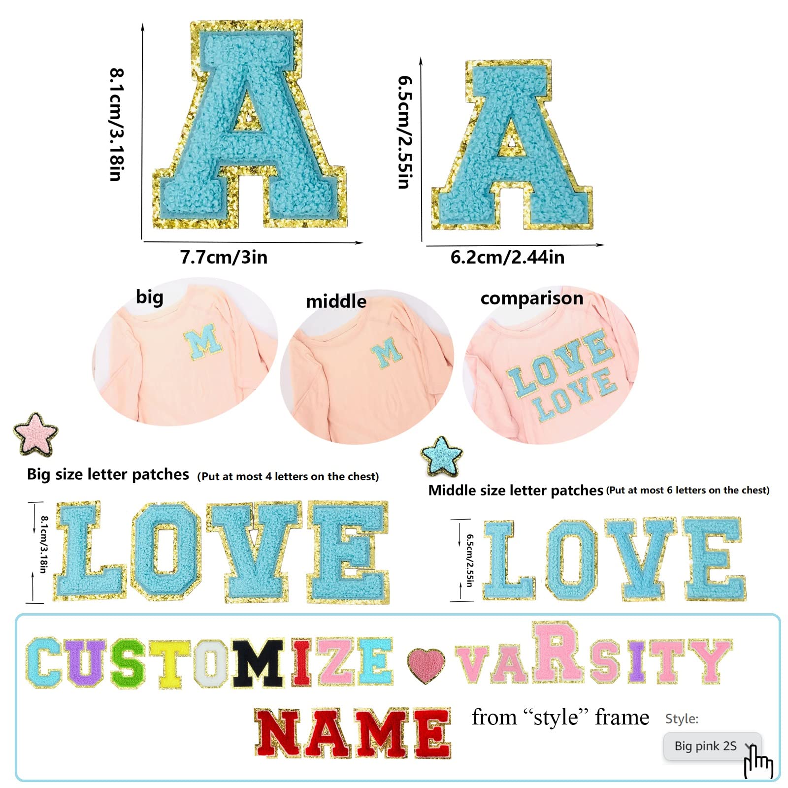 Custom Varsity Pink Chenille Iron-On Letter Patches with Glitter & Gold Sequin - 3