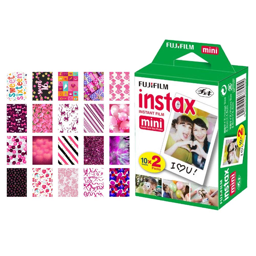 Fujifilm Instax Mini Instant Film 20 Exposures with 20 Decorative Sticker Frames - Sweet 16 Bundle for Fuji Instax Mini 8/9/11/40/90 Cameras - Perfect for Parties, Scrapbooking & DIY Photo Gifts