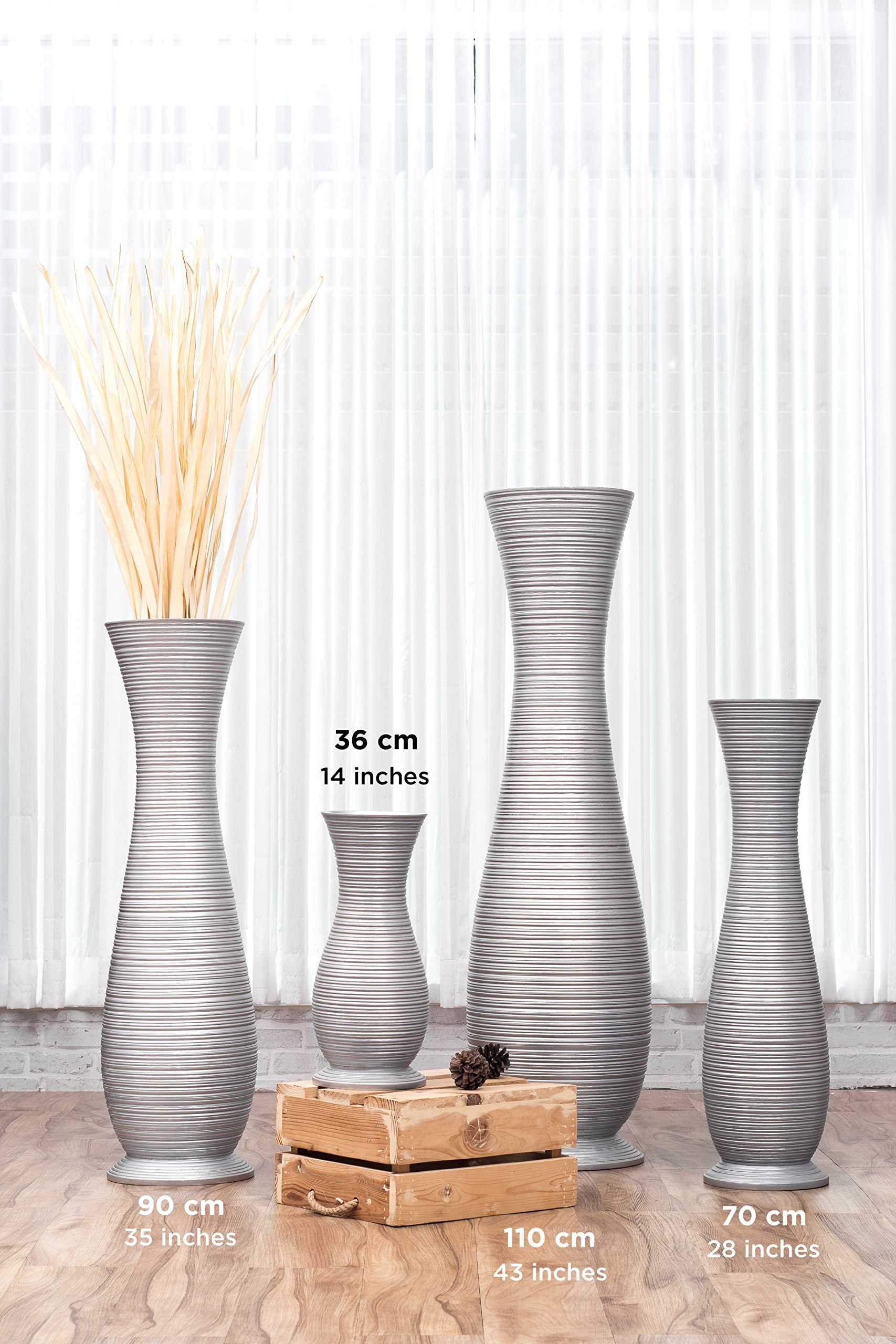Leewadee 28 Inch Large Silver Floor Vase - Farmhouse Decor Wooden Flower Vase for Fake Plants, Pampas Grass & Home Decor | Perfect for Living Room, Bedroom & Entryway Decor