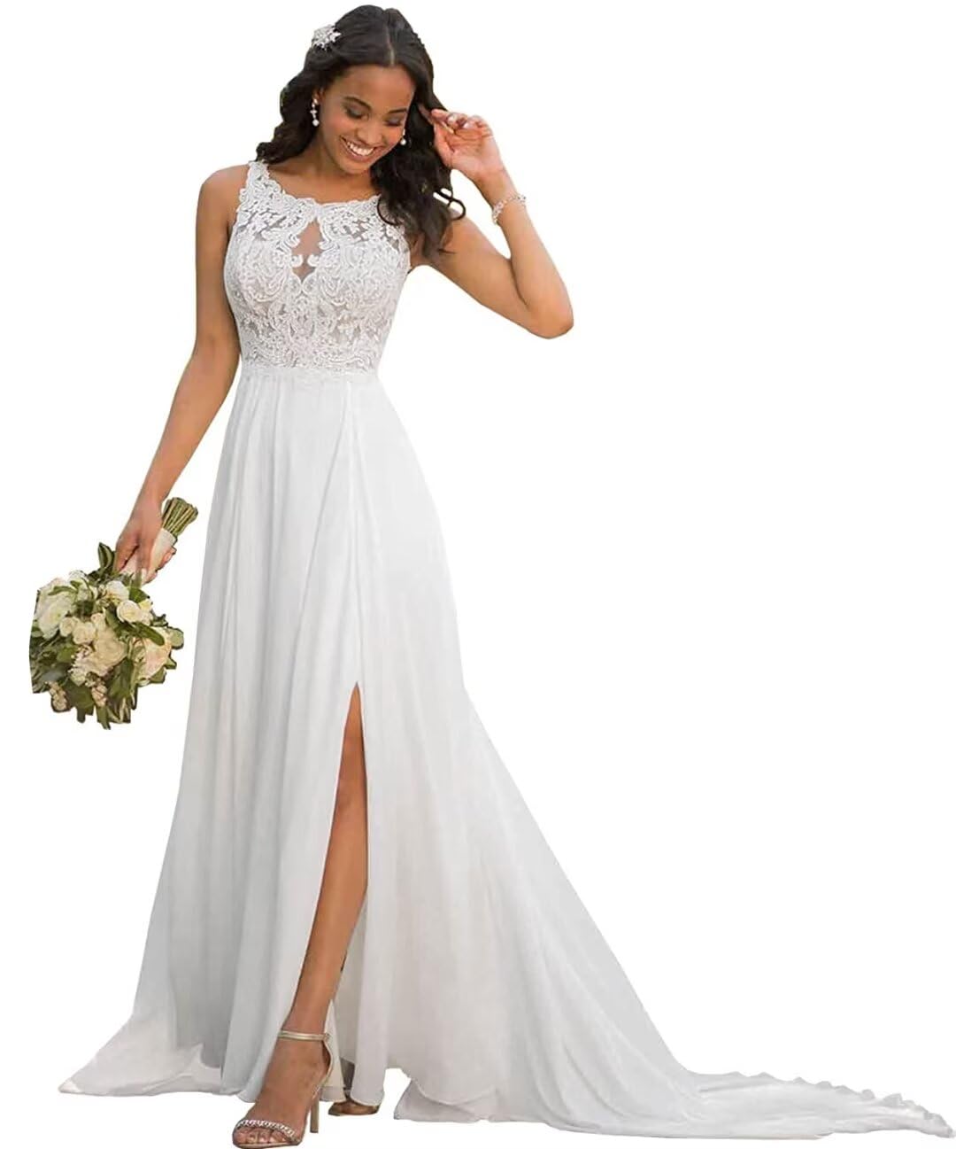 Elegant Chiffon A-Line Wedding Dress with Lace Appliques & High Slit for Beach Brides – Perfect for Outdoor Ceremonies & Romantic Photoshoots