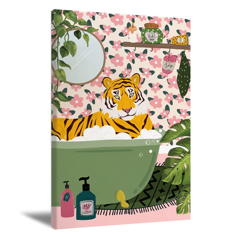 Funny Tiger in Bathtub Canvas Wall Art - 16x24 Inch Unframed Pink Animal Poster for Kids Bathroom Decor, HD Prints Rolled in Tube - Perfect for Nursery, Playroom & Bathroom Wall Decoration