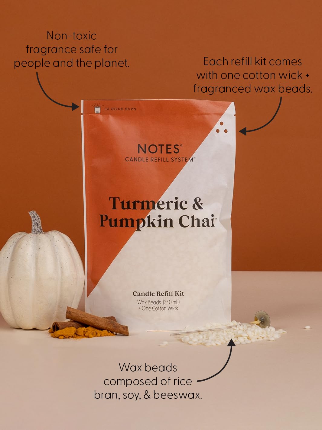 NOTES Sustainable Candle Starter Kit - Eco-Friendly Refillable Candles with Warm Cozy Duo Scents | 100% Natural Soy Wax | Turmeric Pumpkin Chai & Vanilla Pepperwood Fragrance | Perfect for Fall Decor, Home Aromatherapy, and Cozy Evenings