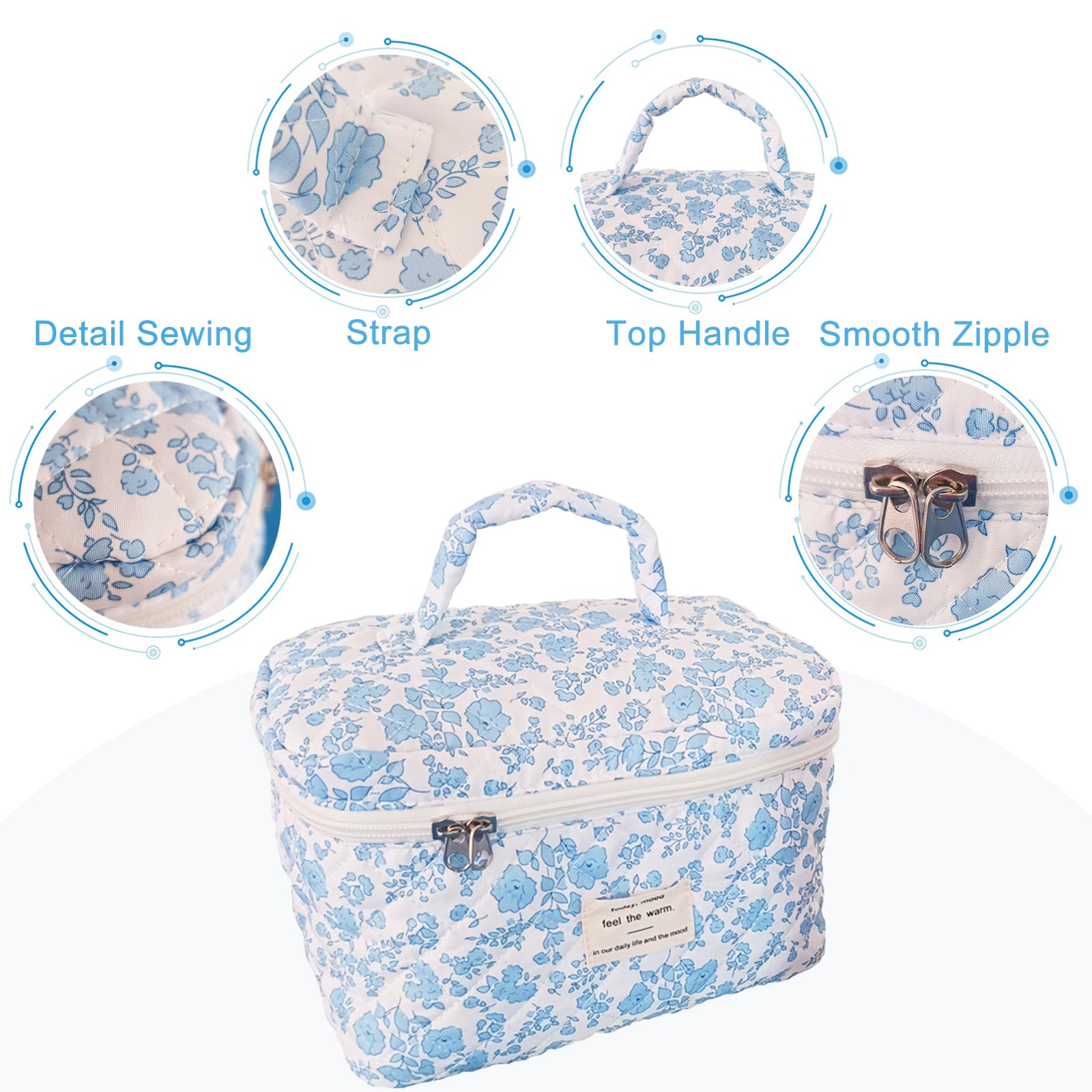 Large Quilted Makeup Bag for Women - Big Floral Cotton Cosmetic Organizer, Travel Toiletry Bag with Cute Coquette Aesthetic Design | Perfect for Travel, Gym & Daily Beauty Storage (Women & Girls)