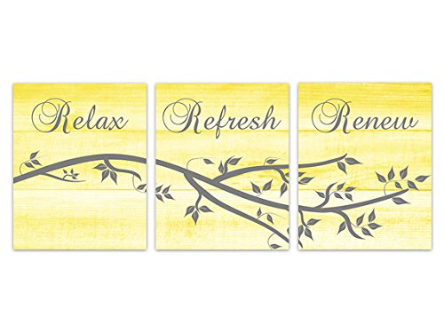 Yellow Bathroom Wall Art Canvas - Relax Refresh Renew - 11x14 Inches Modern Home Decor for Bathroom, Spa, or Relaxation Space