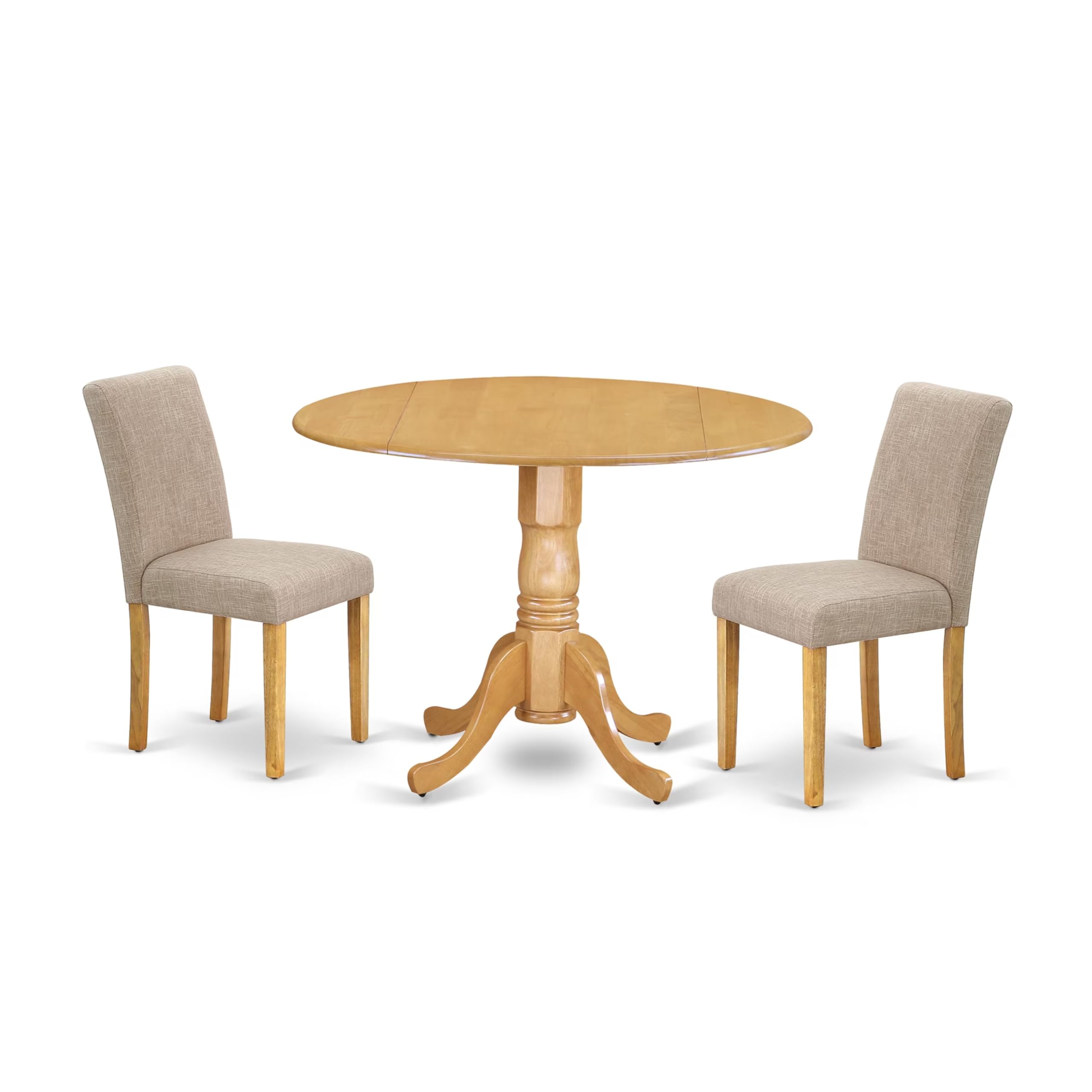 East West Furniture DLAB3-OAK-04 3-Piece Round Dining Table Set with Drop Leaf & 2 Light Tan Linen Parsons Chairs, 42x42 Inch, Oak - Perfect for Small Spaces, Breakfast Nooks, and Cozy Apartments