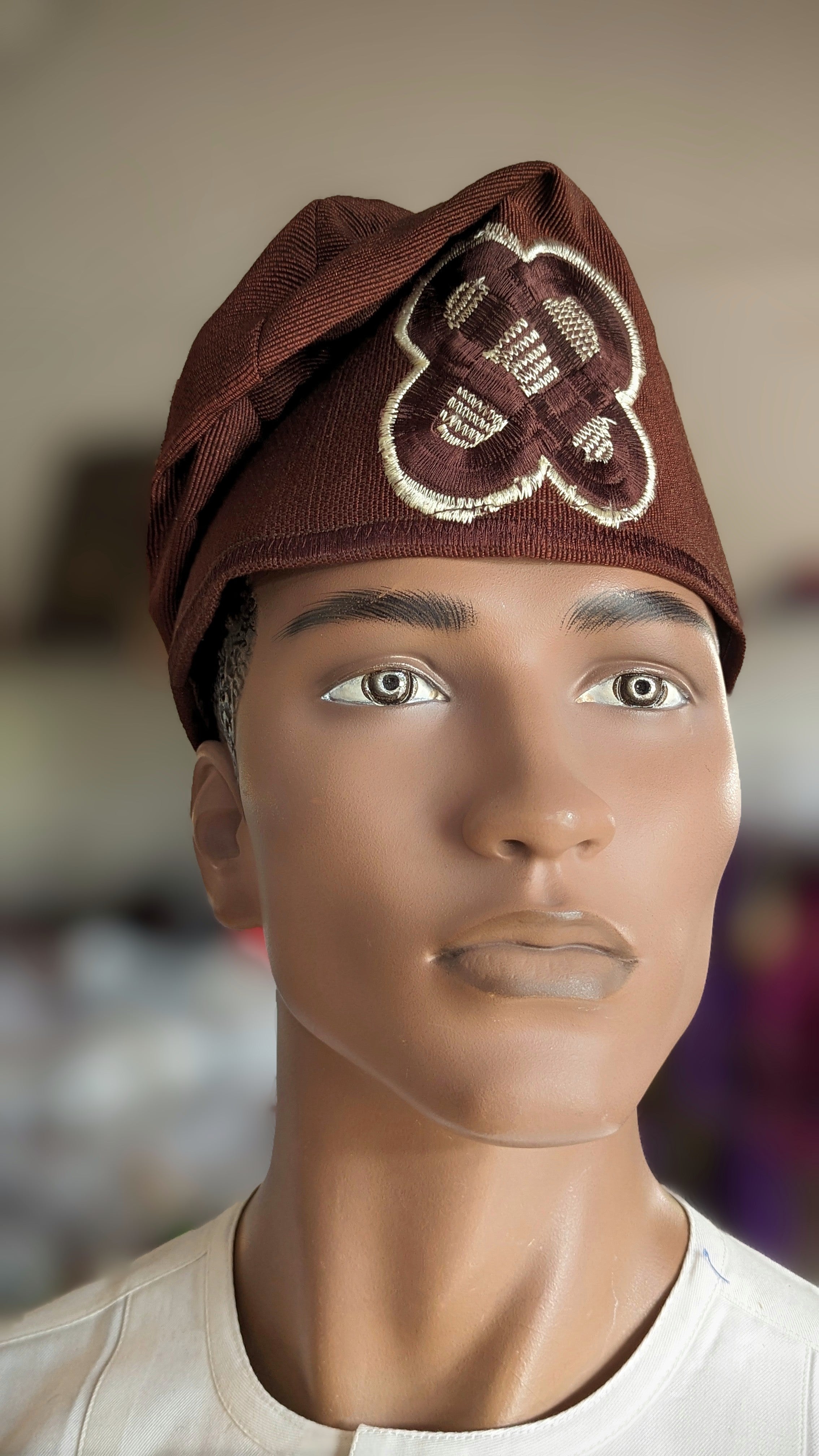 Dupsie's Ayo Fila Brown Handwoven Aso Oke Cap Hat with Cream Beige Embroidery - Traditional Nigerian Wedding Hat for Men, Cultural Headwear for Special Occasions & African Fashion Events