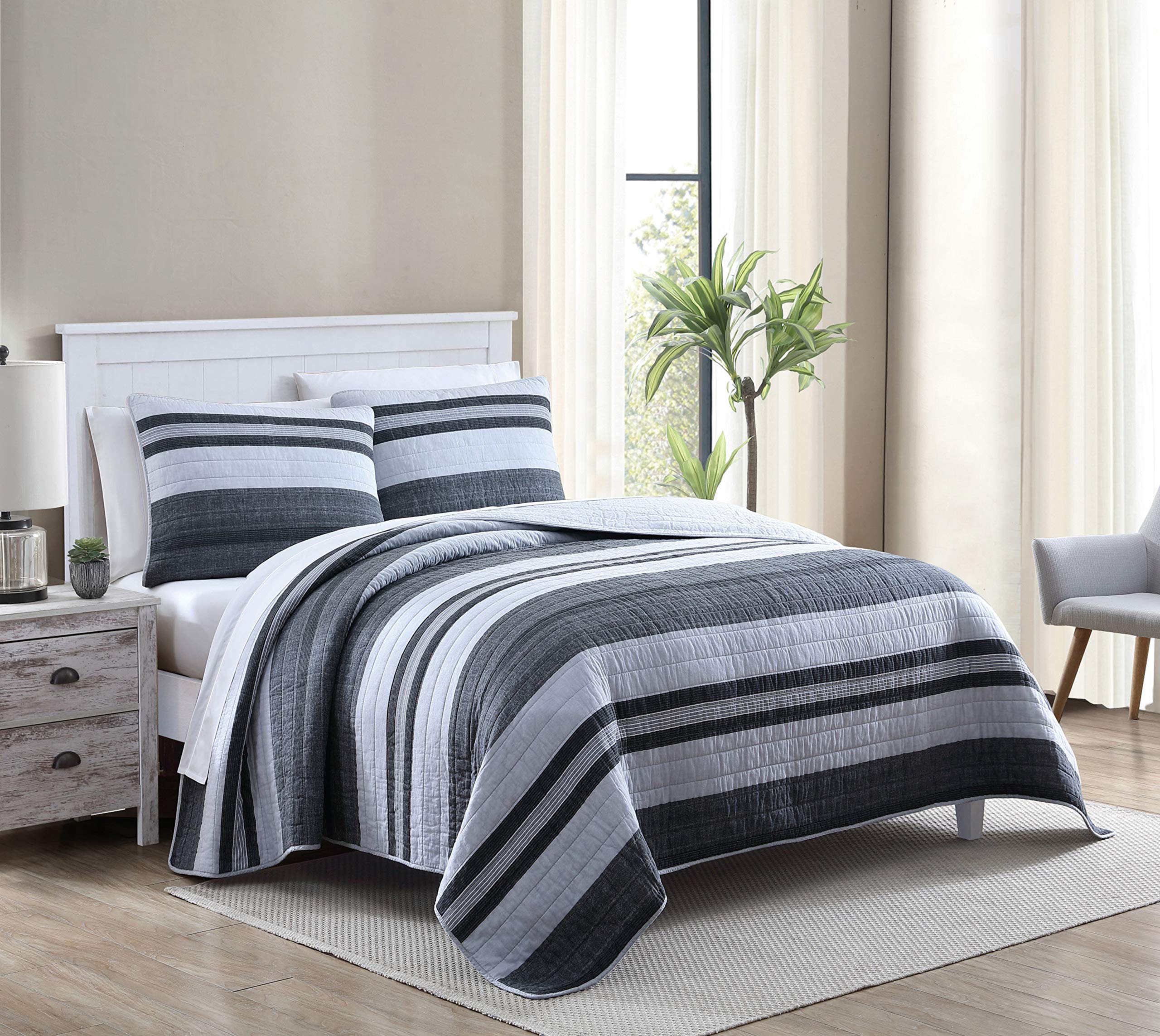 Nautica Queen Quilt Set - 100% Cotton Reversible All-Season Bedding Set (Ardmoore Grey, Queen Size) | Soft & Breathable Comforter for Master Bedroom, Guest Room & Dorm Decor